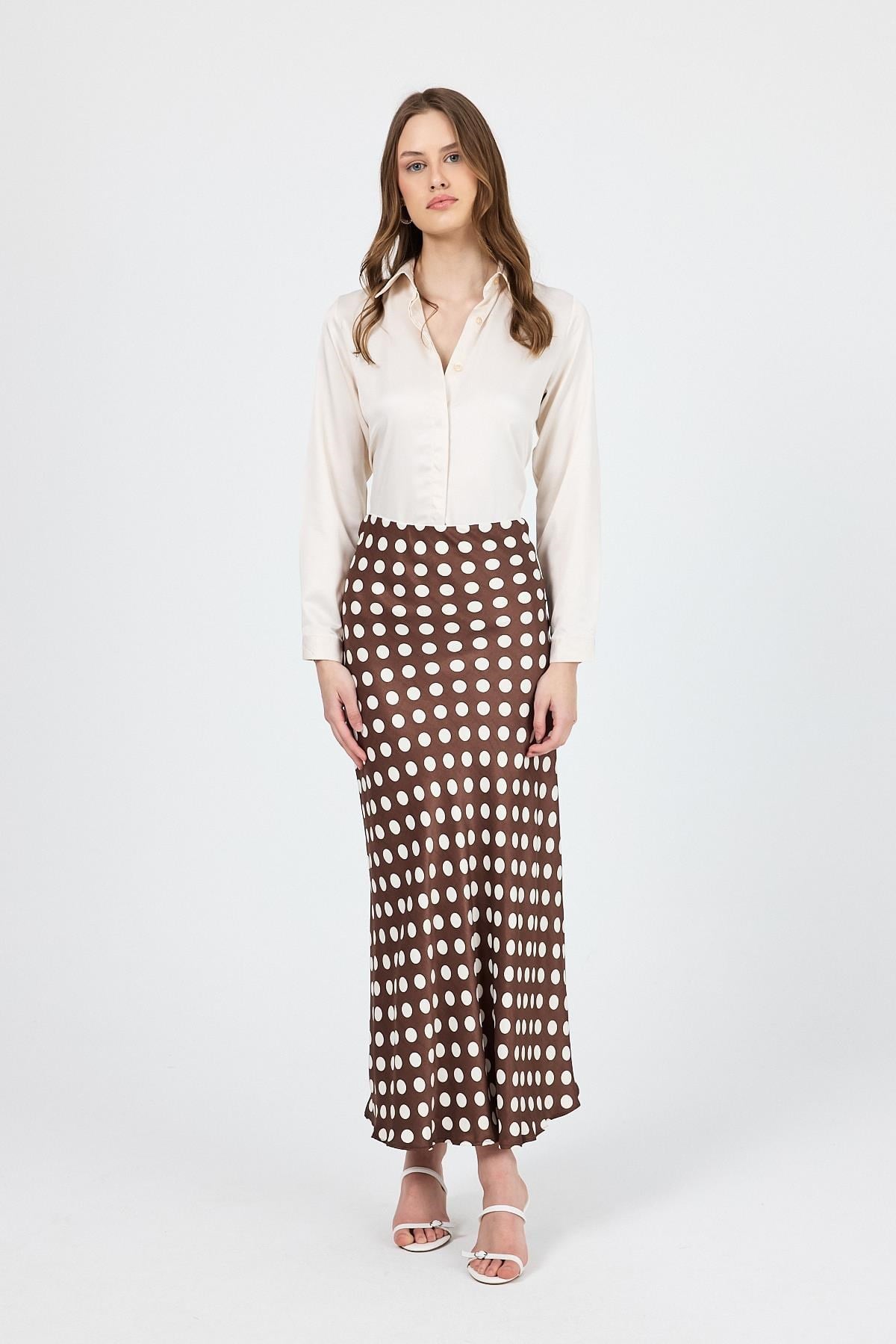 Kahve Puantiye Desen Saten Midi Etek 9416