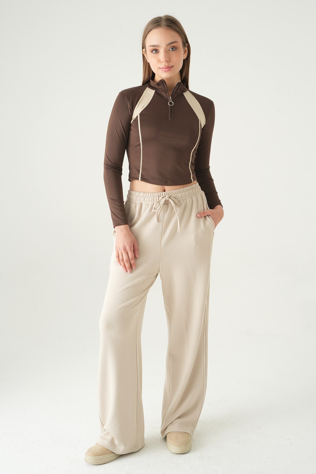 Kahve Şeritli Fermuarlı Sweat 8326A