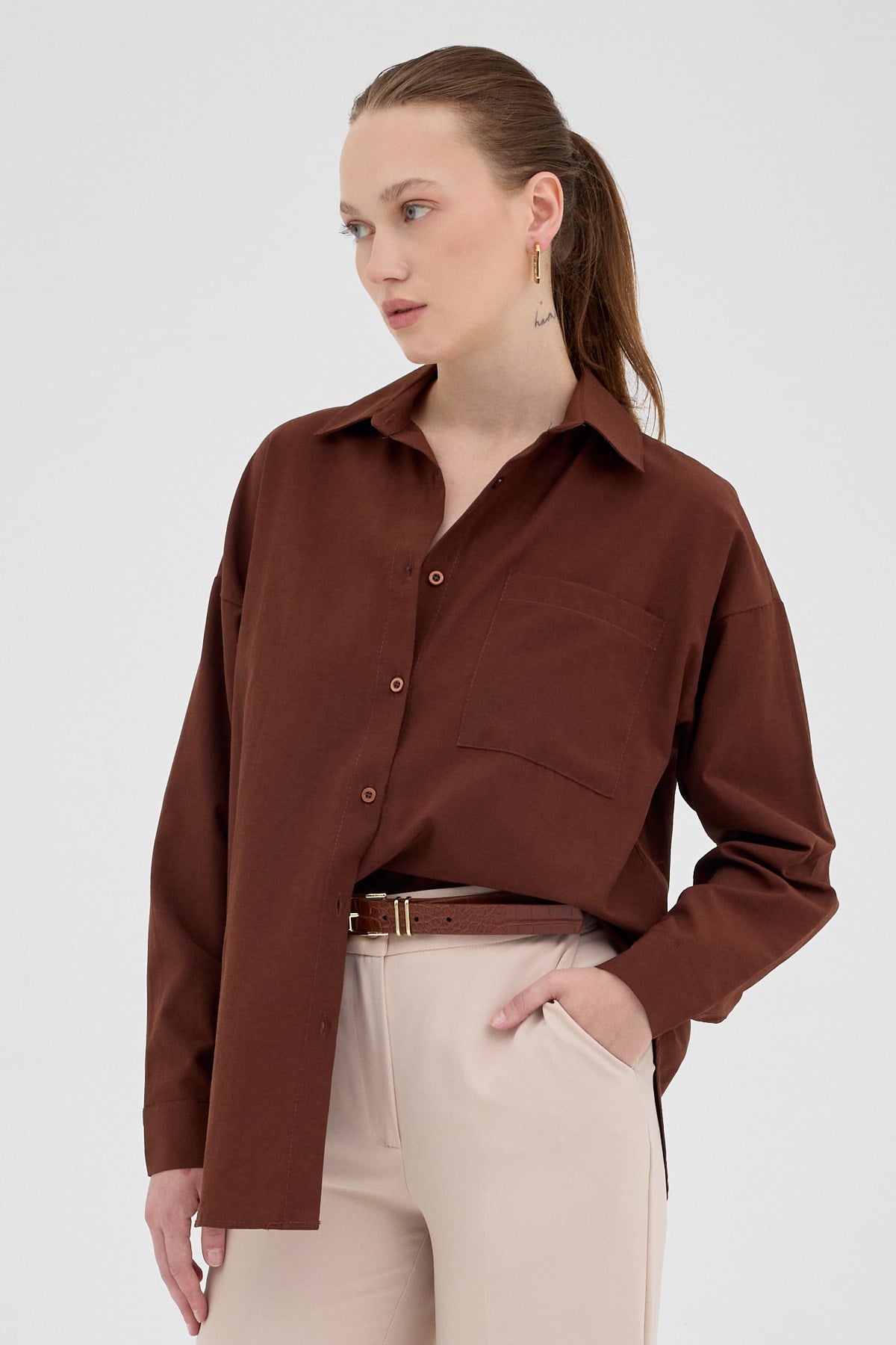 Kahve Tek Cepli Oversize Gömlek 8158A