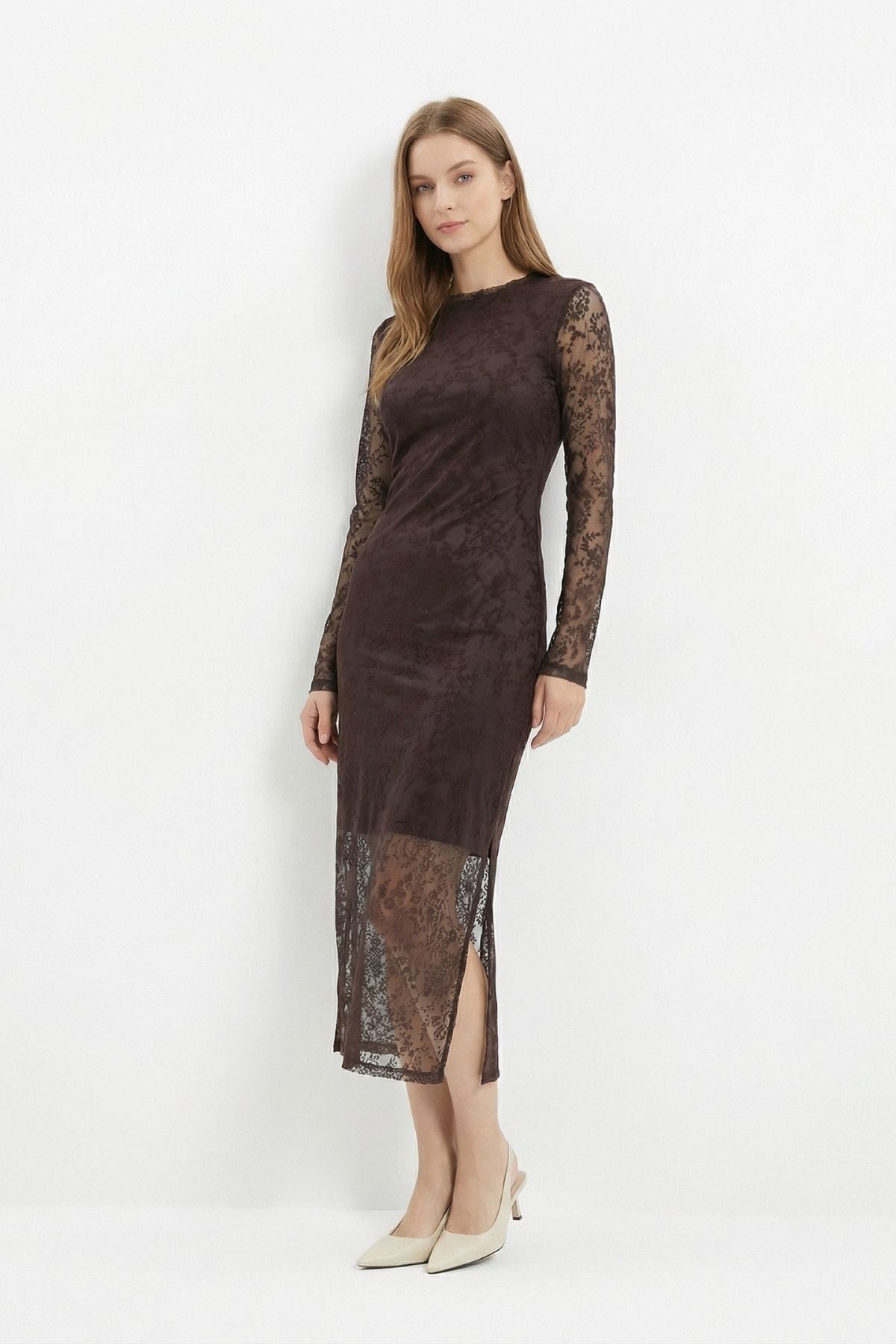 Kahve Uzun Kalem Elbise 8517A