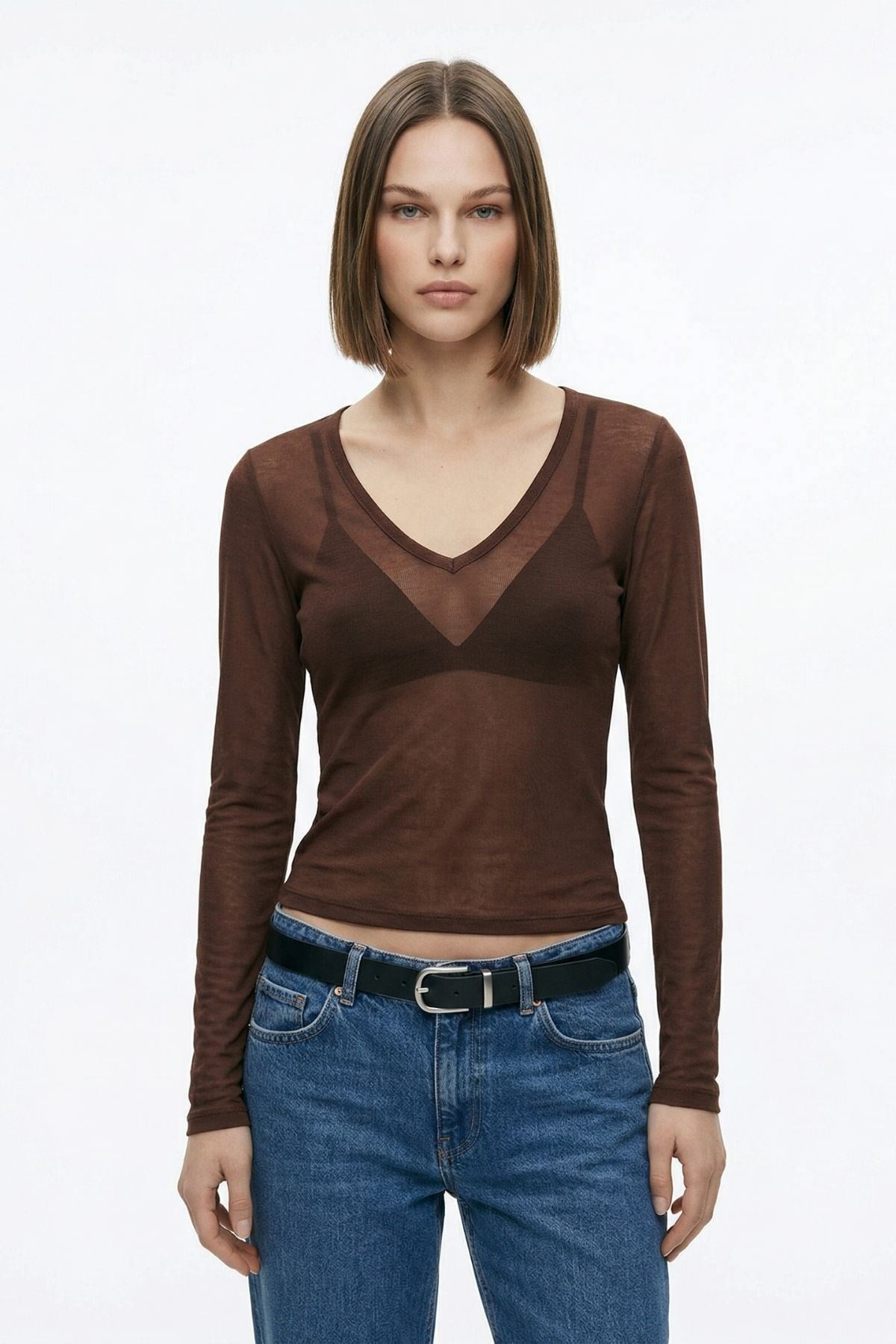 Kahve V Yaka Transparan Bluz 0418