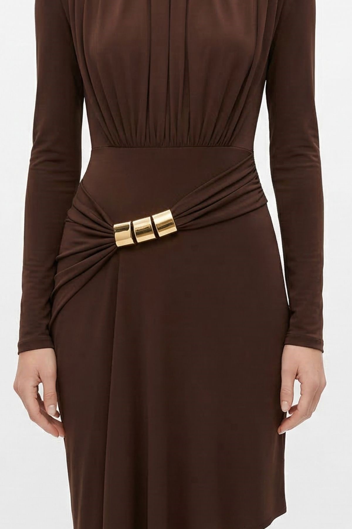 Kahve Vatkalı Omuz Büzgülü Elbise 252681