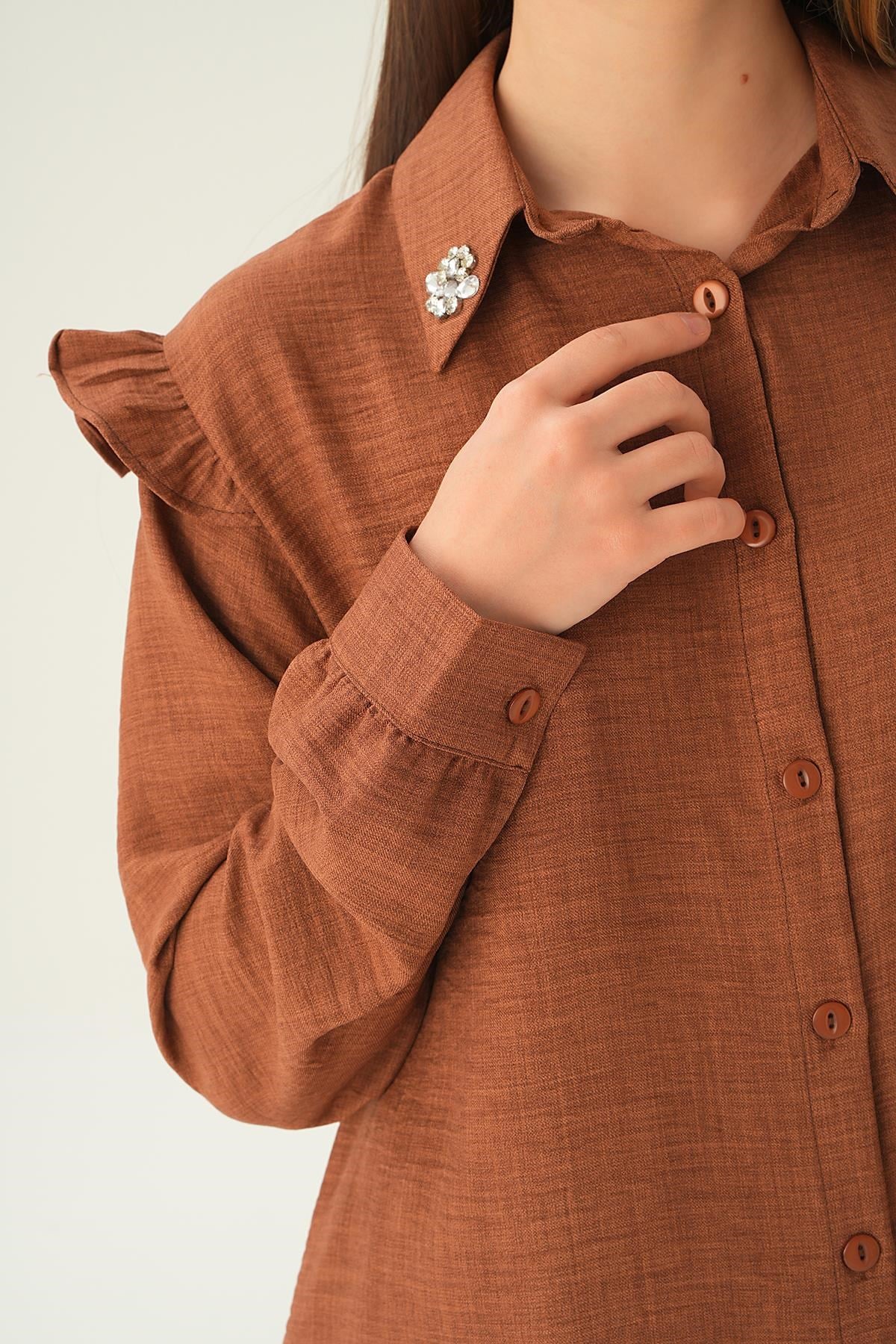 Kahve Yaka Taşlı Tunik Pantolon Takım 6762A