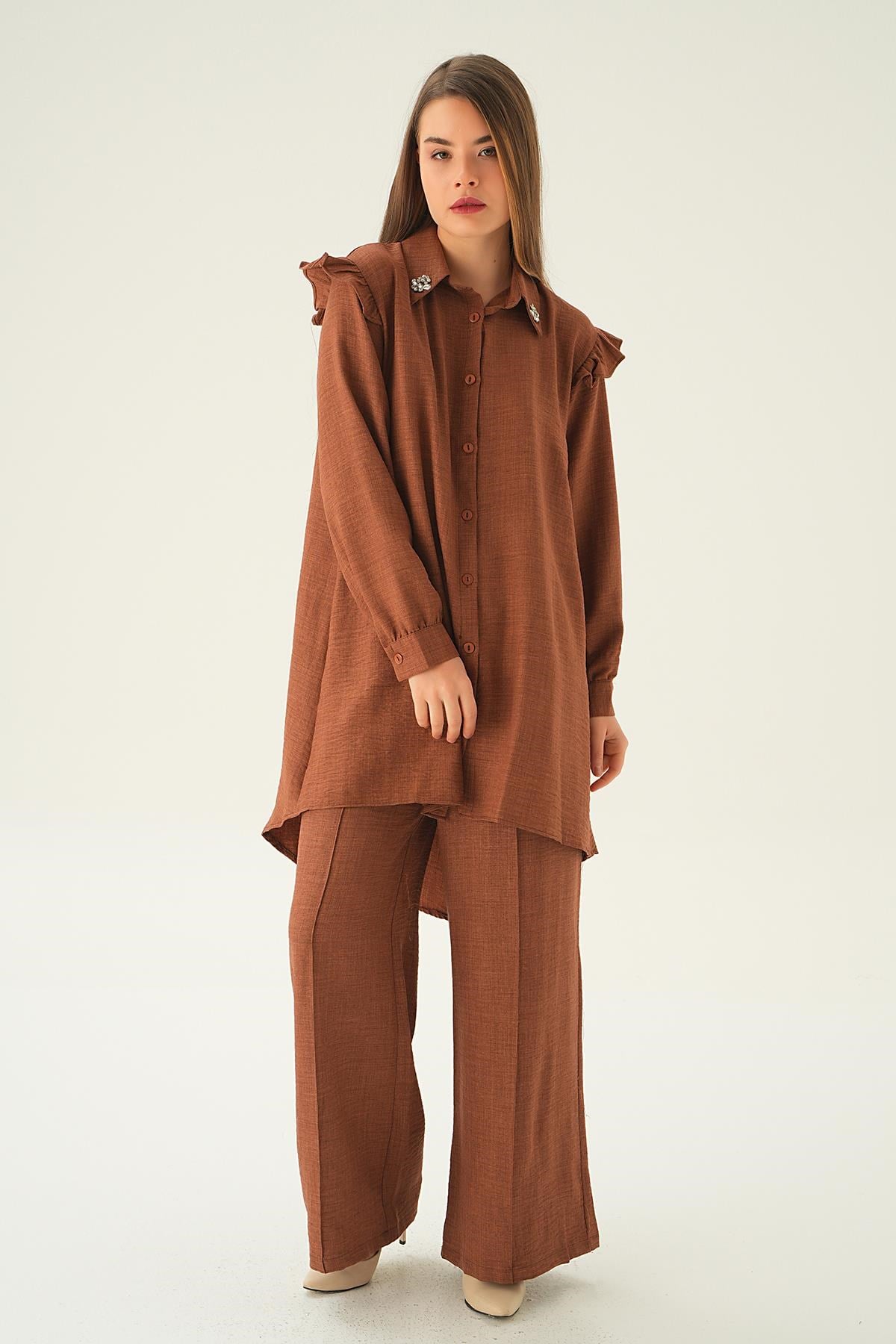 Kahve Yaka Taşlı Tunik Pantolon Takım 6762A