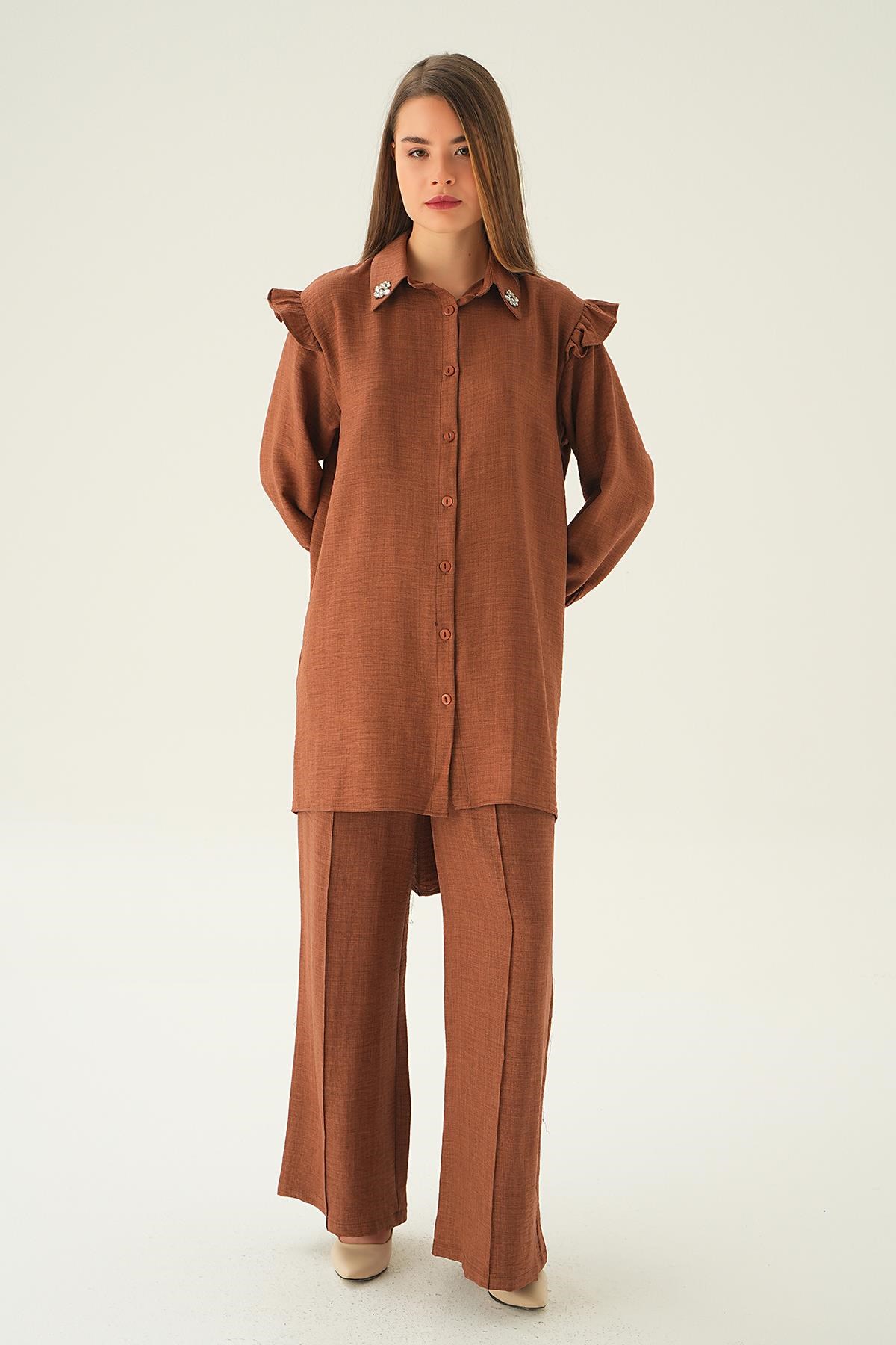 Kahve Yaka Taşlı Tunik Pantolon Takım 6762A