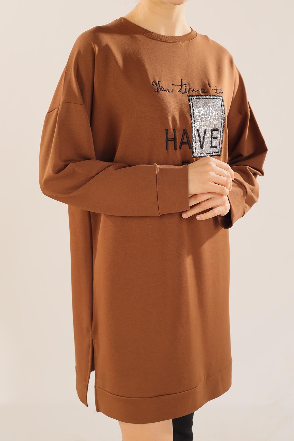 Kahve Yazı Baskılı Sweat 3437