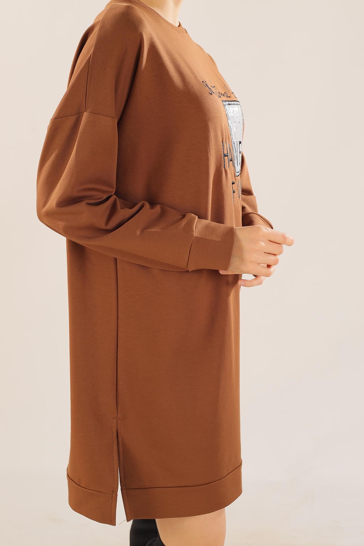 Kahve Yazı Baskılı Sweat 3437