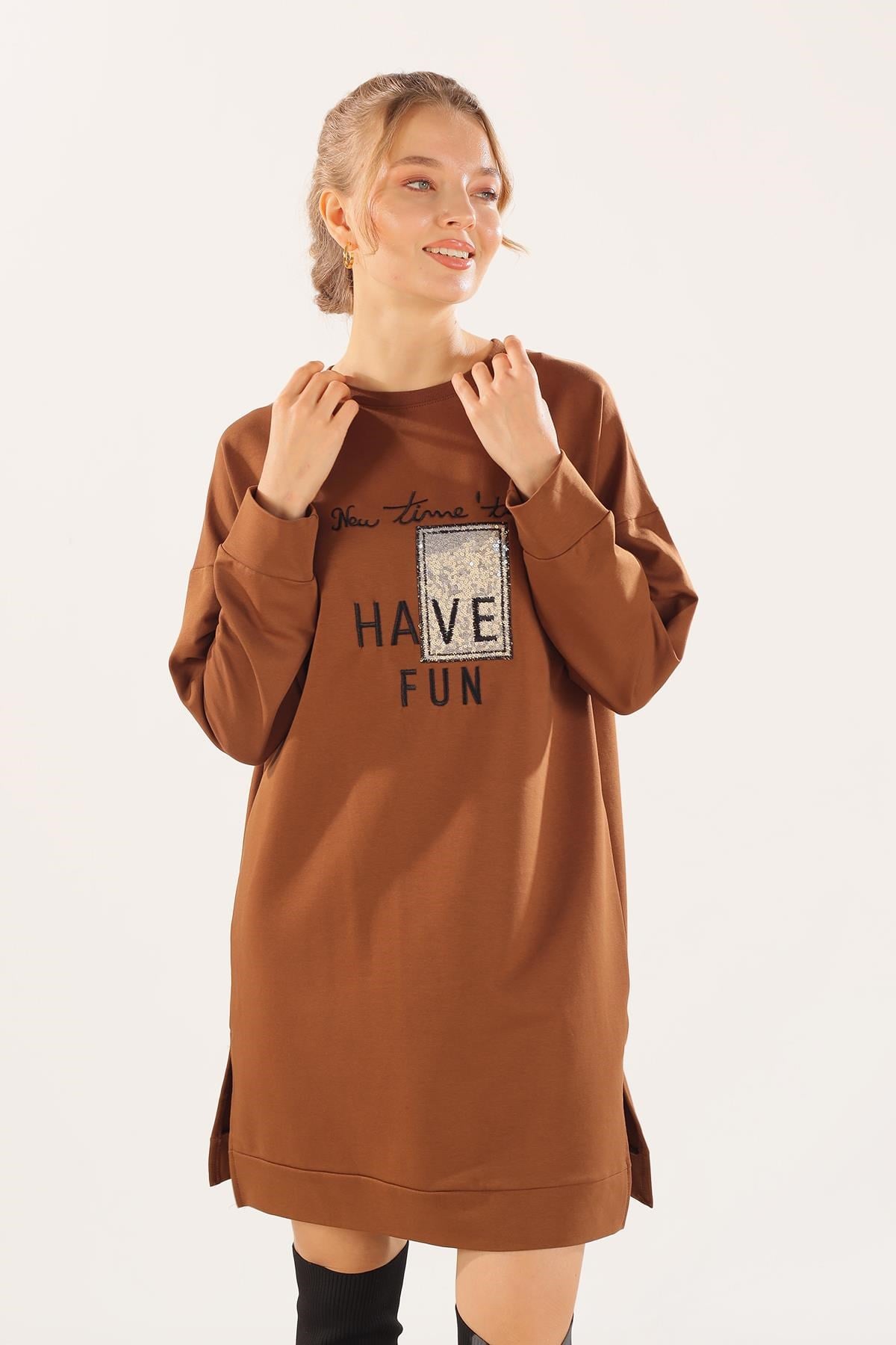 Kahve Yazı Baskılı Sweat 3437