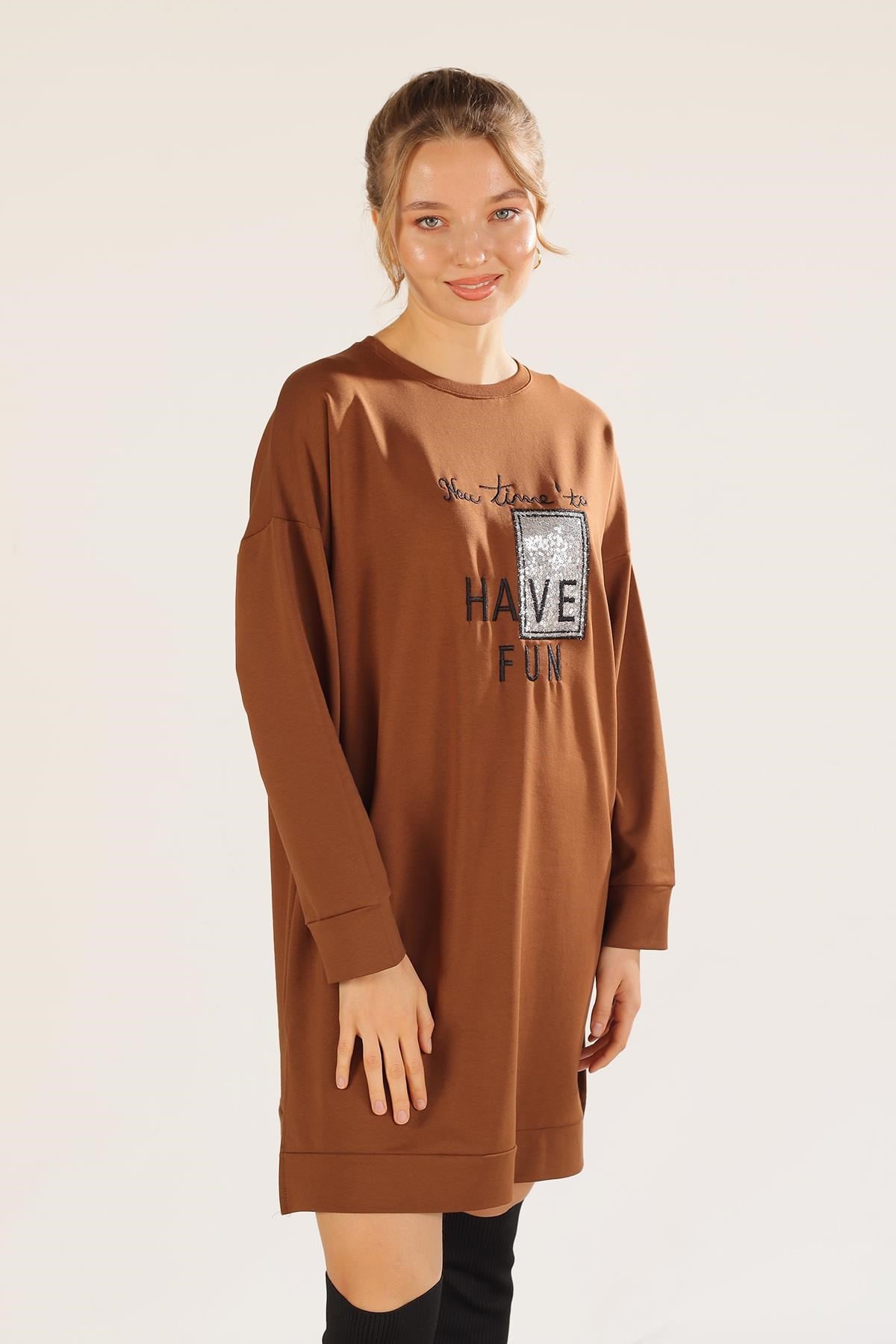 Kahve Yazı Baskılı Sweat 3437