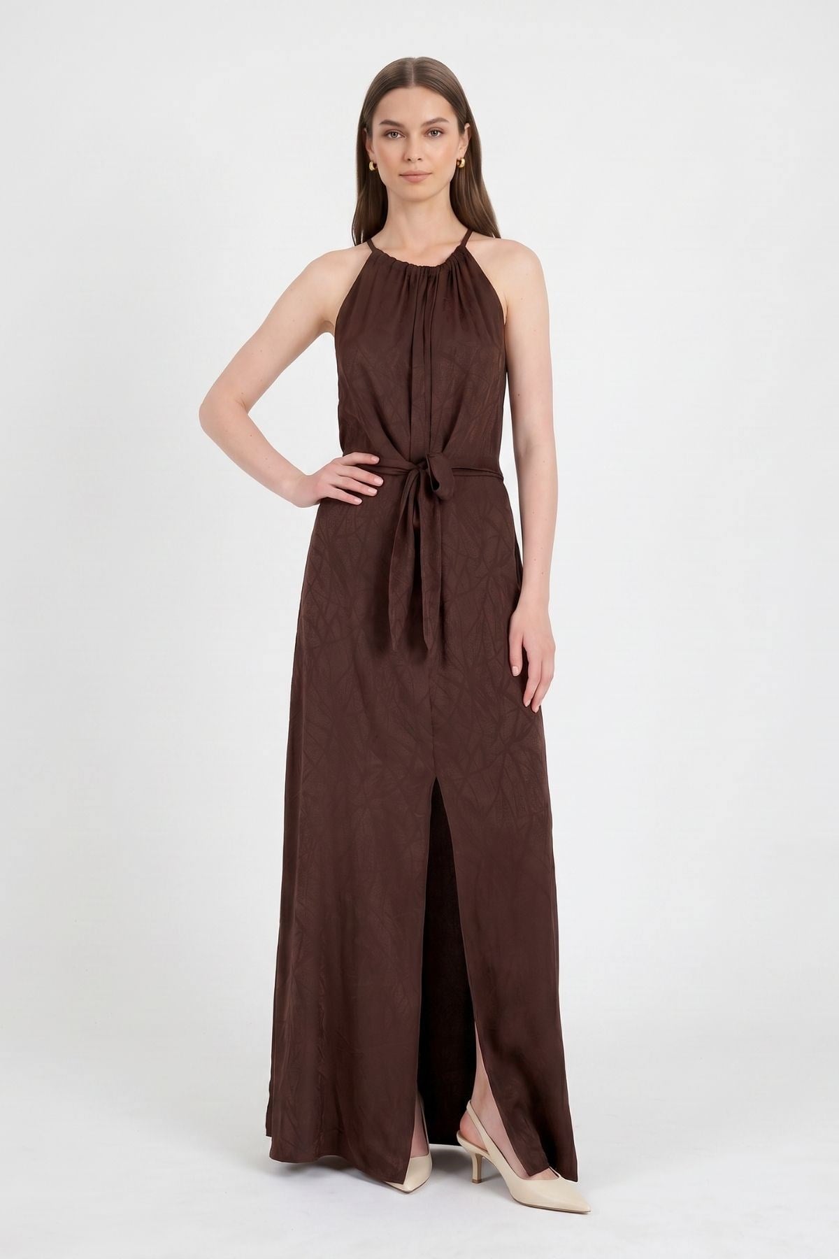 Kahve Yırtmaçlı Desenli Elbise 251656