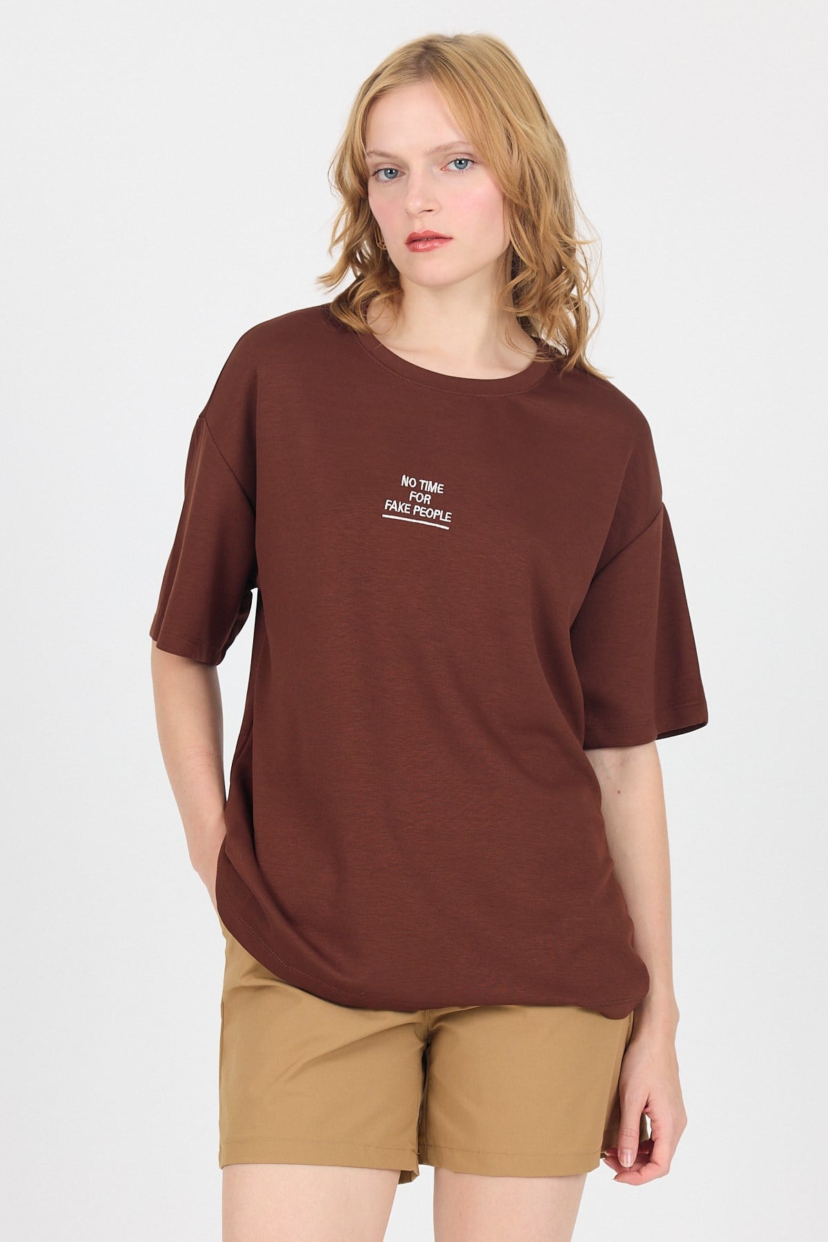 Kahve Yumuşak Dokulu Yazı Baskılı Oversize Tişört 6265