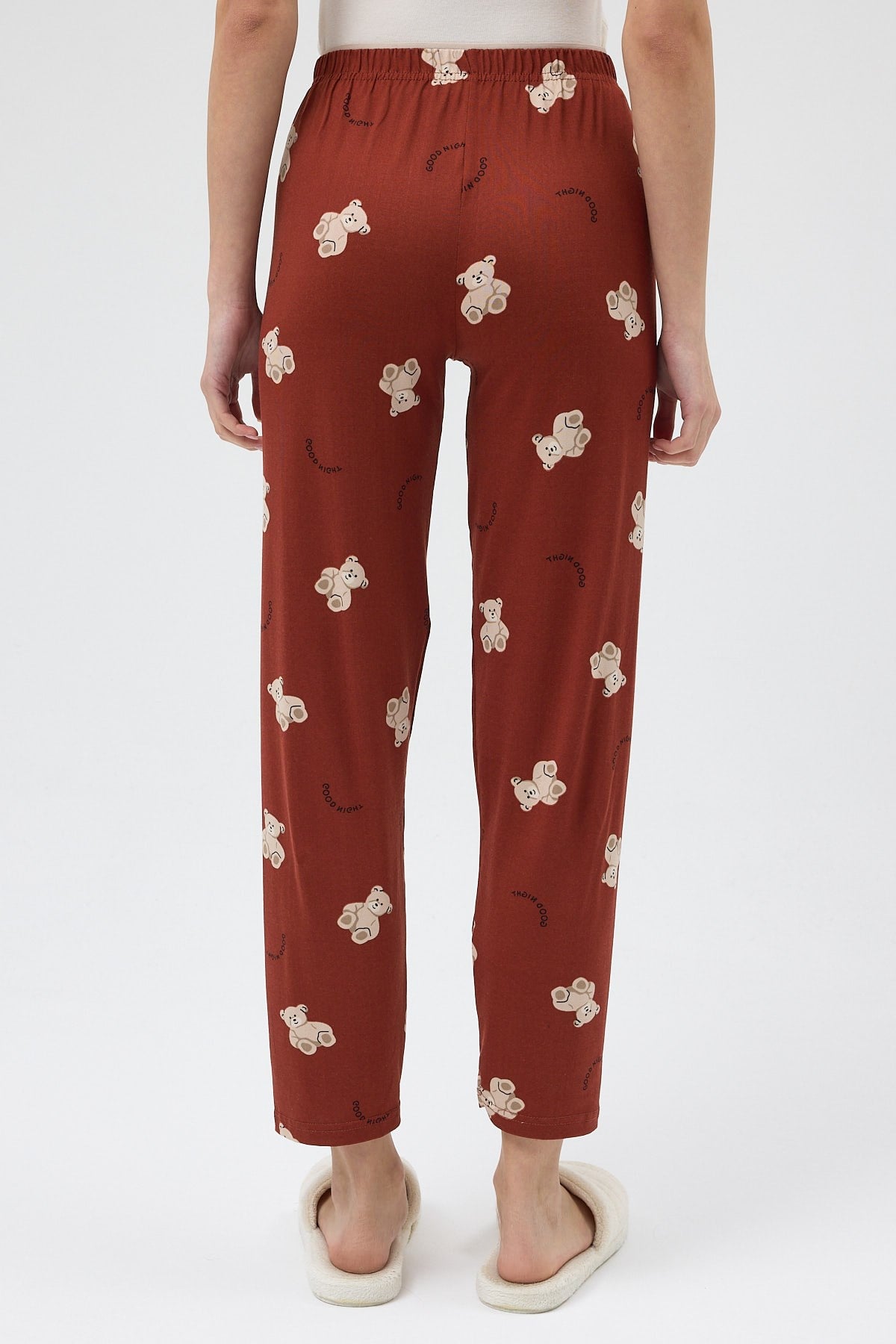 Kahverengi Ayıcık Desenli Lastik Bel Kadın Pijama Altı 4534