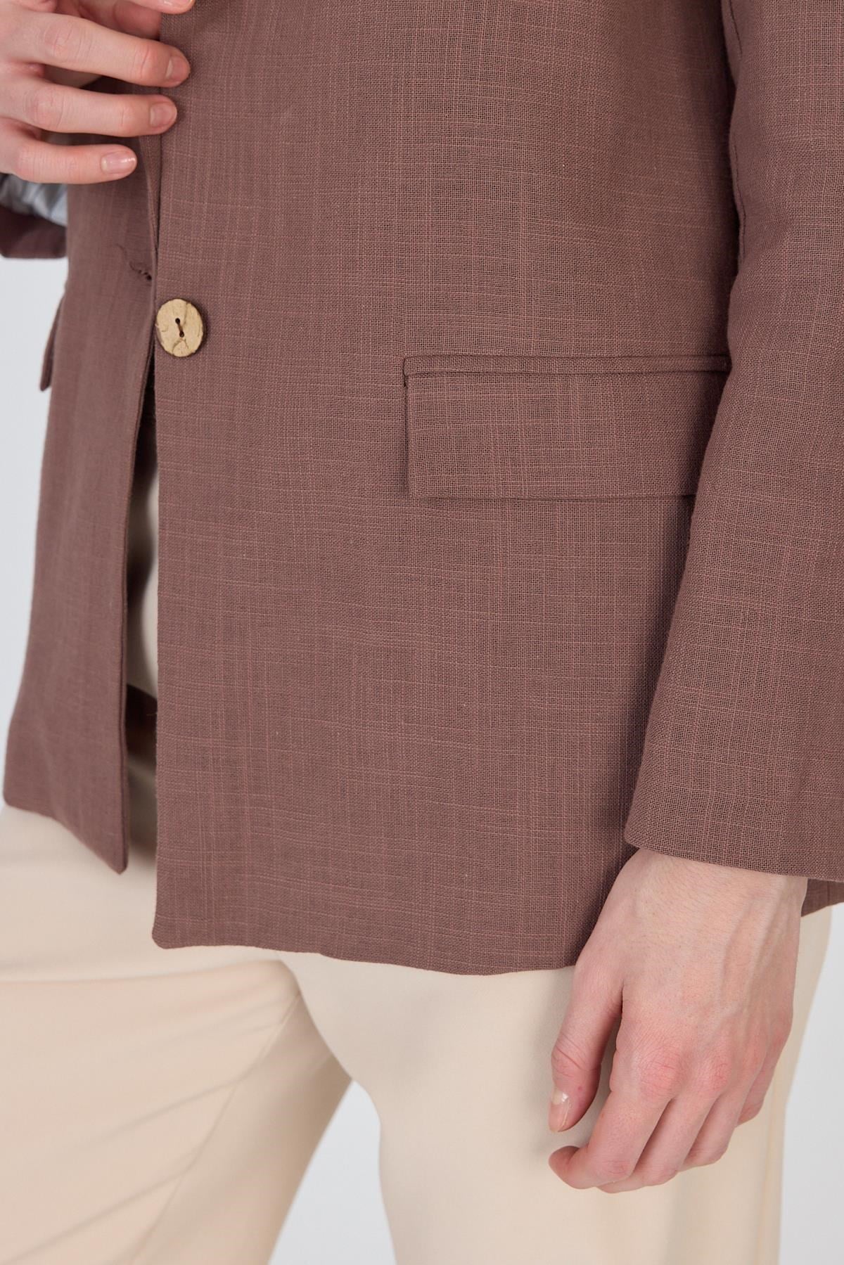 Kahverengi Keten Görünümlü %100 Pamuk Astarlı Blazer Ceket 6023-3