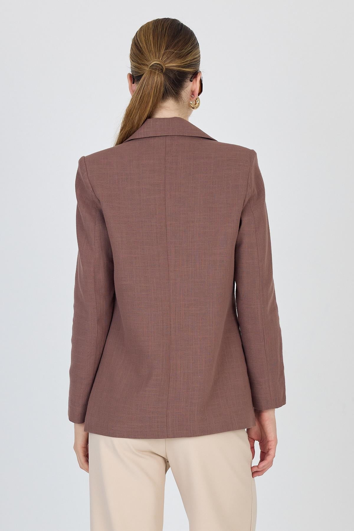 Kahverengi Keten Görünümlü %100 Pamuk Astarlı Blazer Ceket 6023-3