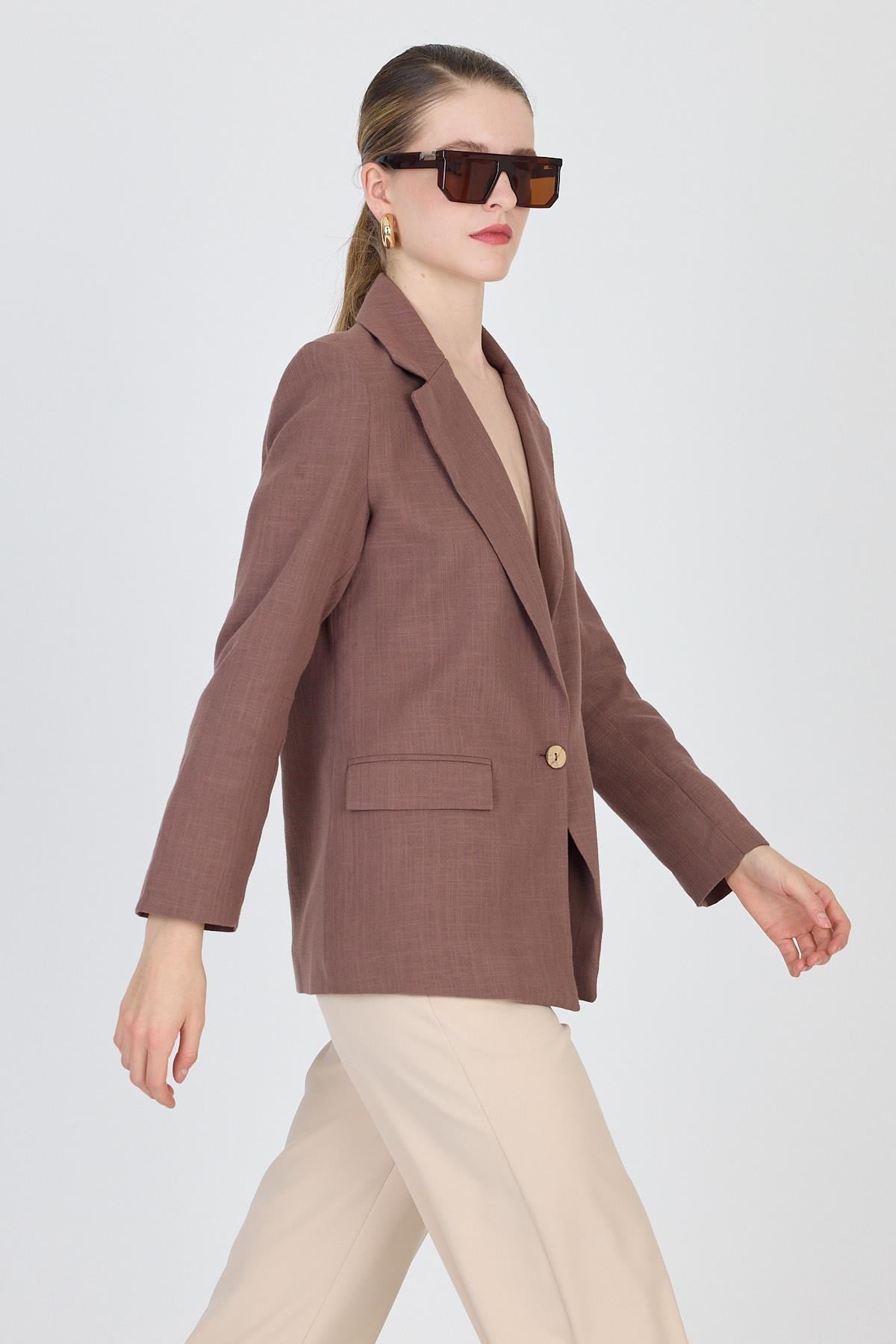Kahverengi Keten Görünümlü %100 Pamuk Astarlı Blazer Ceket 6023-3