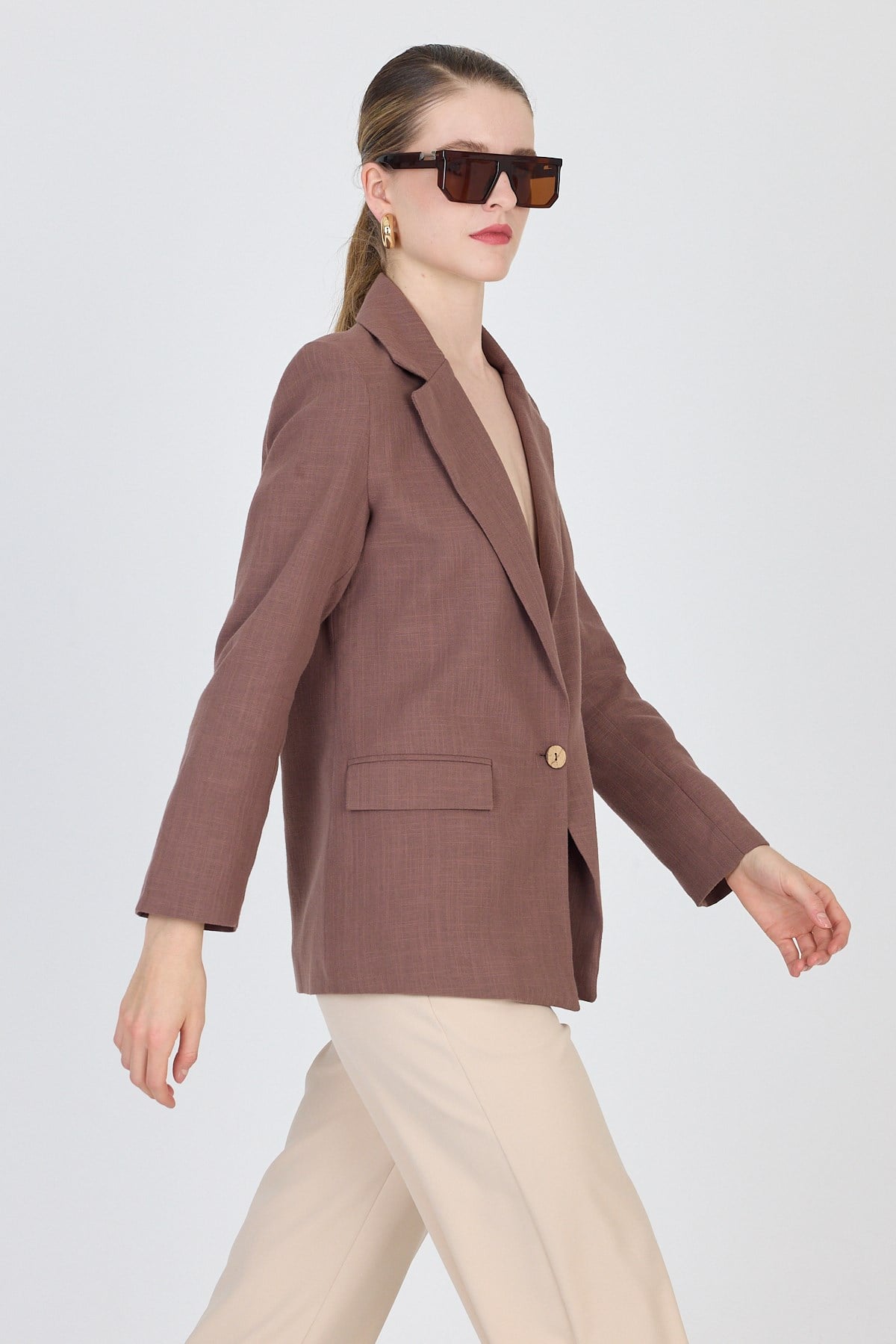 Kahverengi Keten Görünümlü %100 Pamuk Astarlı Blazer Ceket 6023-3