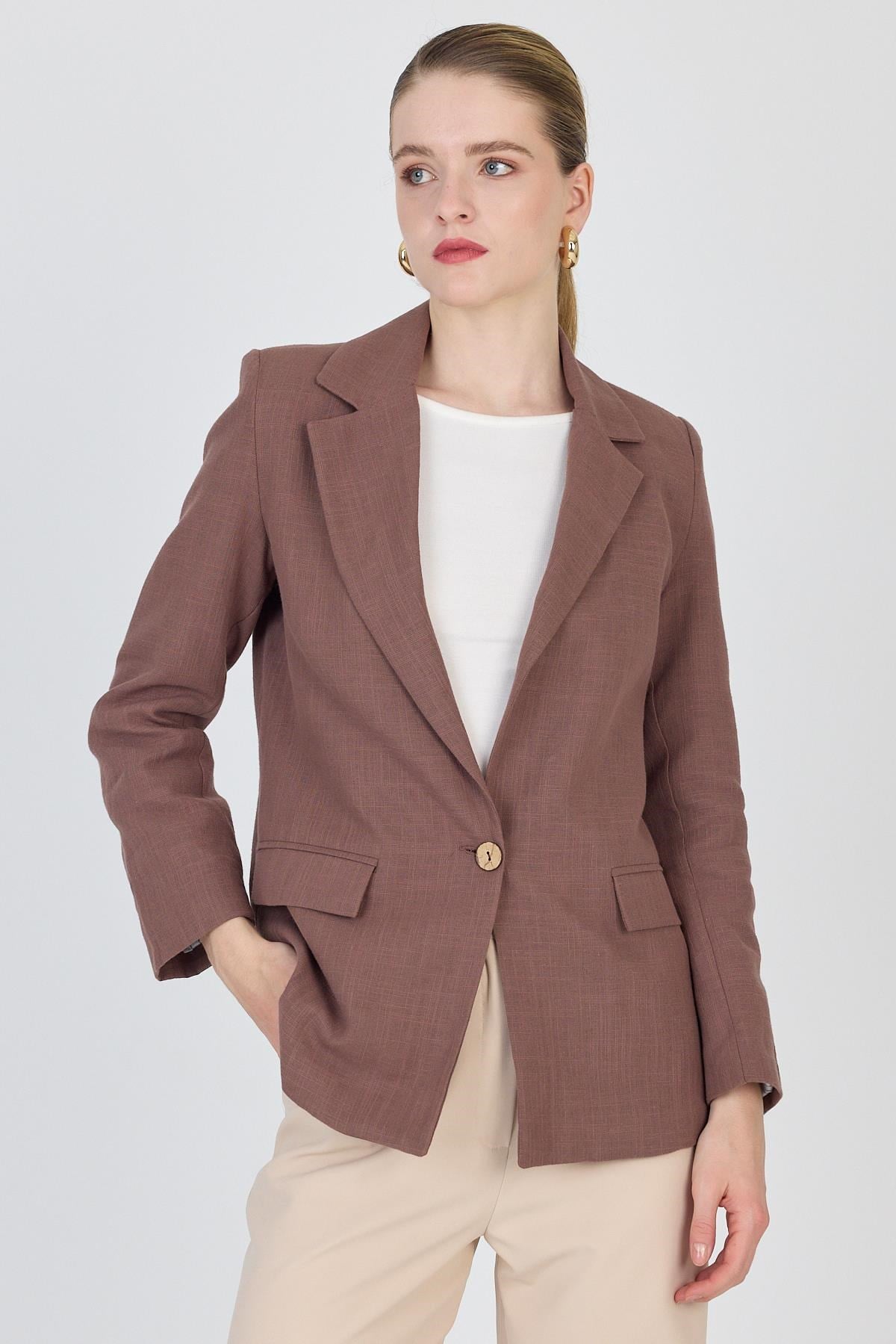 Kahverengi Keten Görünümlü %100 Pamuk Astarlı Blazer Ceket 6023-3