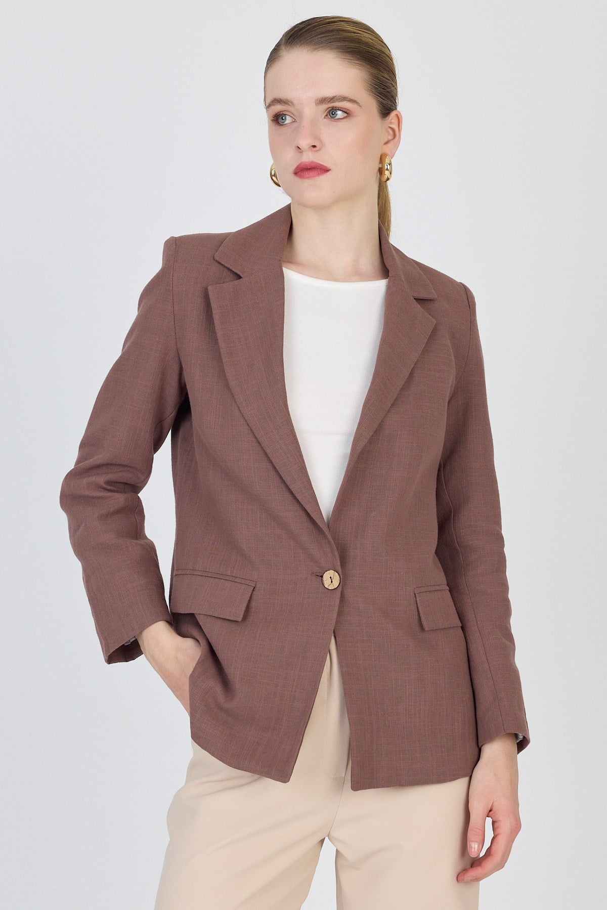 Kahverengi Keten Görünümlü %100 Pamuk Astarlı Blazer Ceket 6023-3