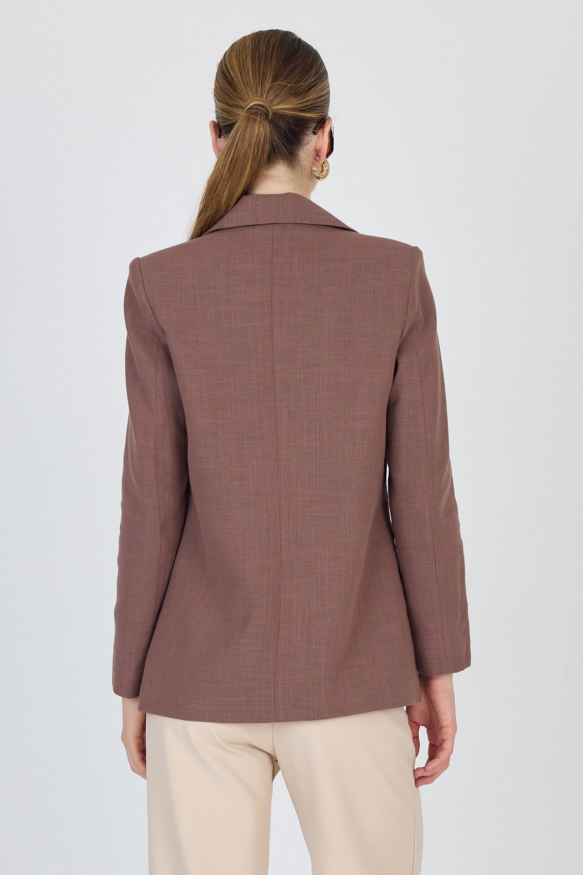 Kahverengi Keten Görünümlü %100 Pamuk Astarlı Blazer Ceket 6023-3