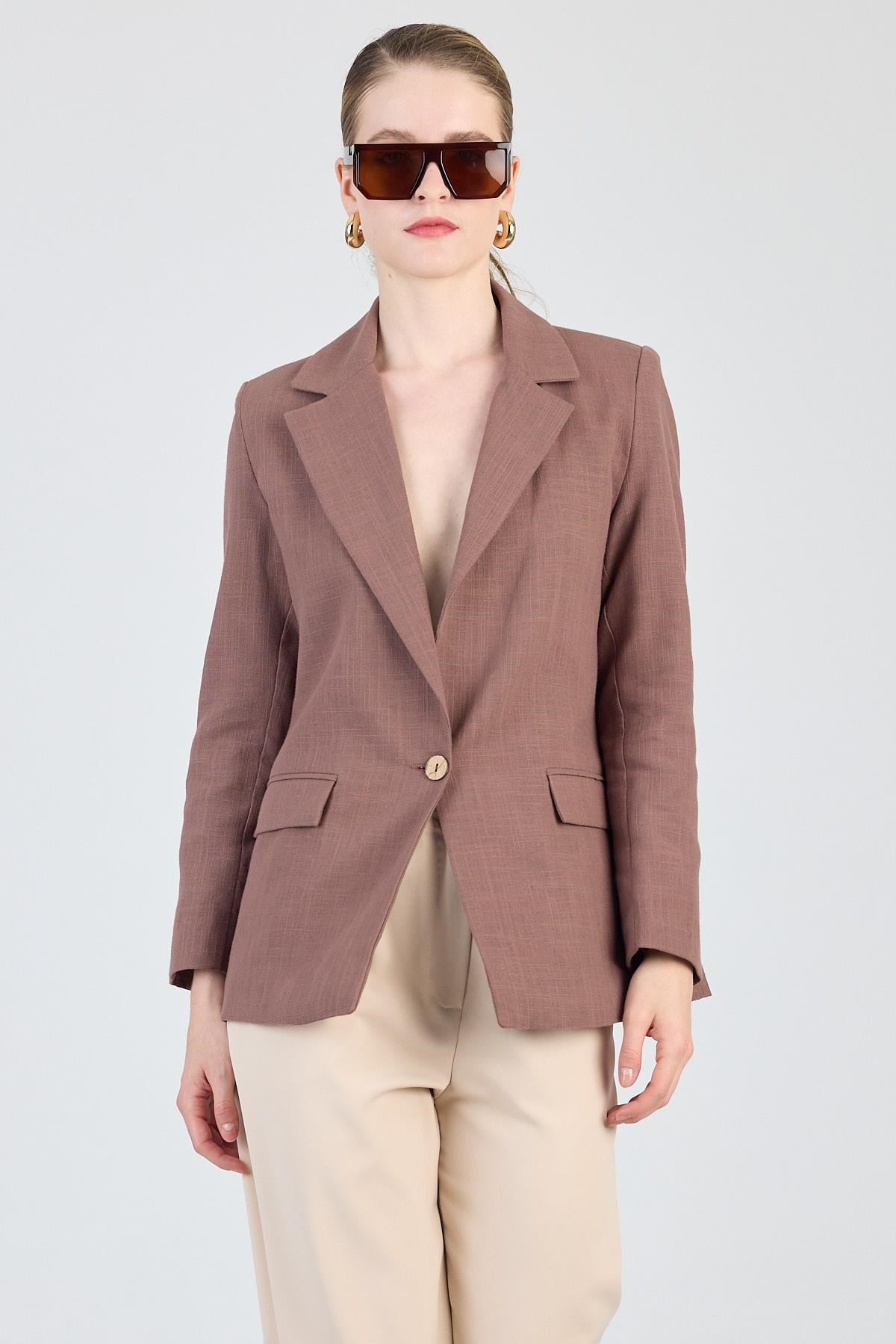 Kahverengi Keten Görünümlü %100 Pamuk Astarlı Blazer Ceket 6023-3