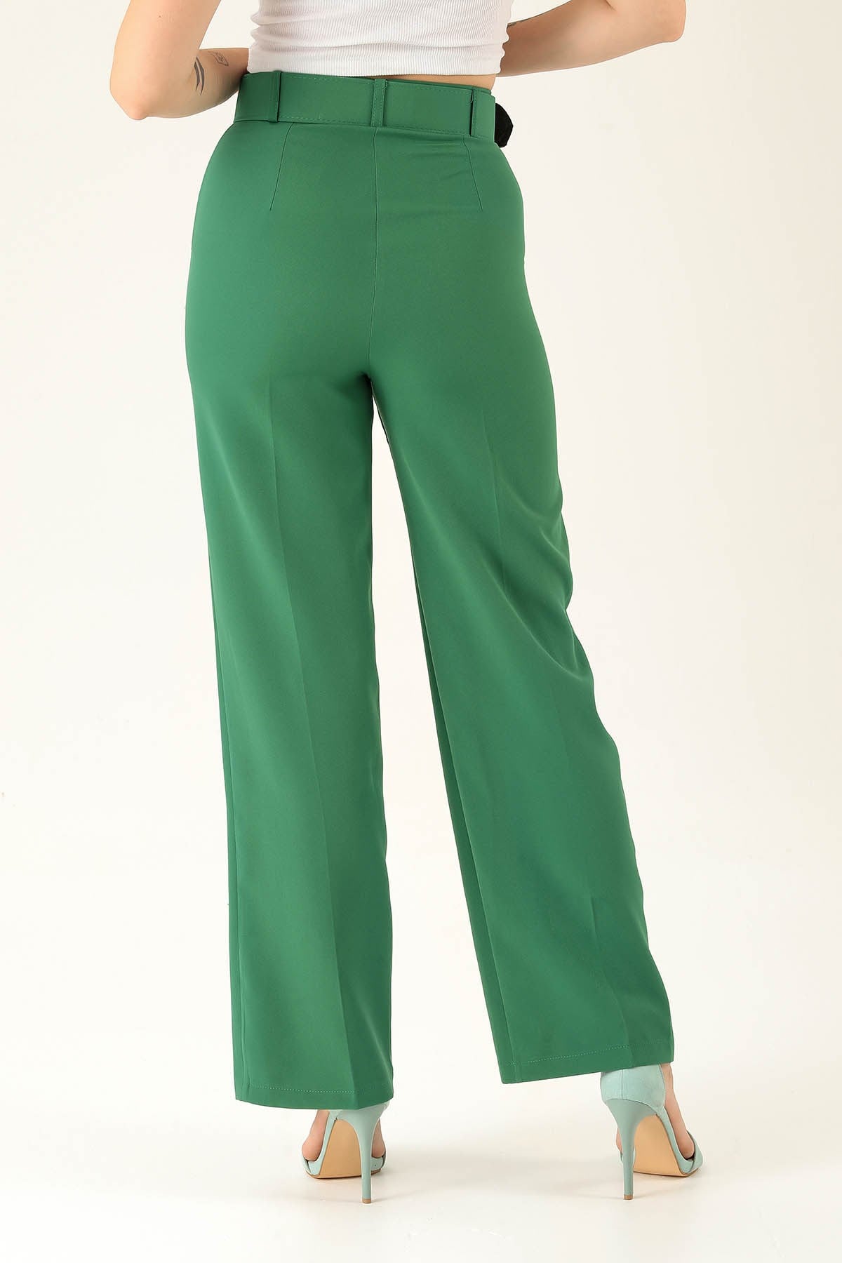 Kalın Bayan Kemer Geniş Paça Bayan Pantolon - 6406A Benetton Yeşili