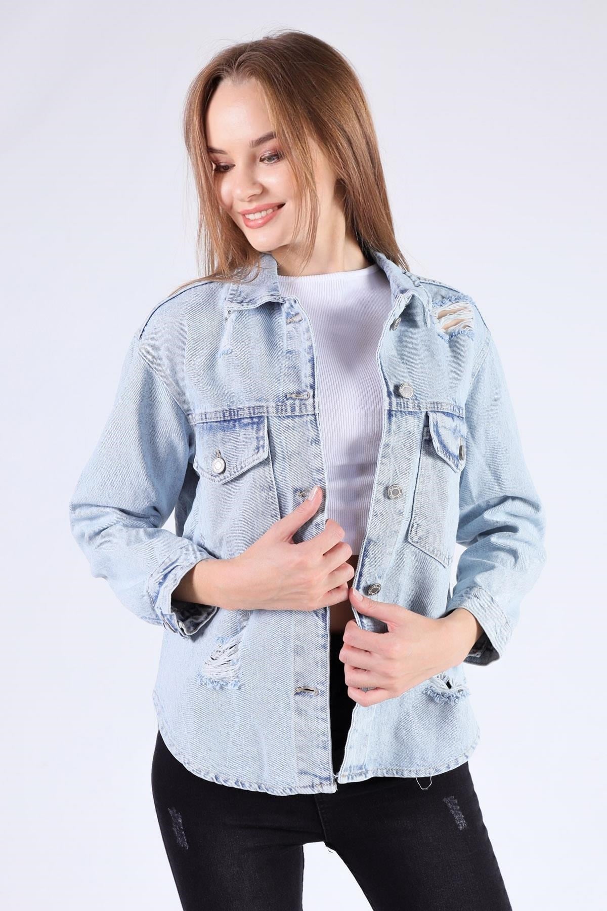 Kar Yıkama Cep Kapak Tırnaklı Jean Ceket 7083