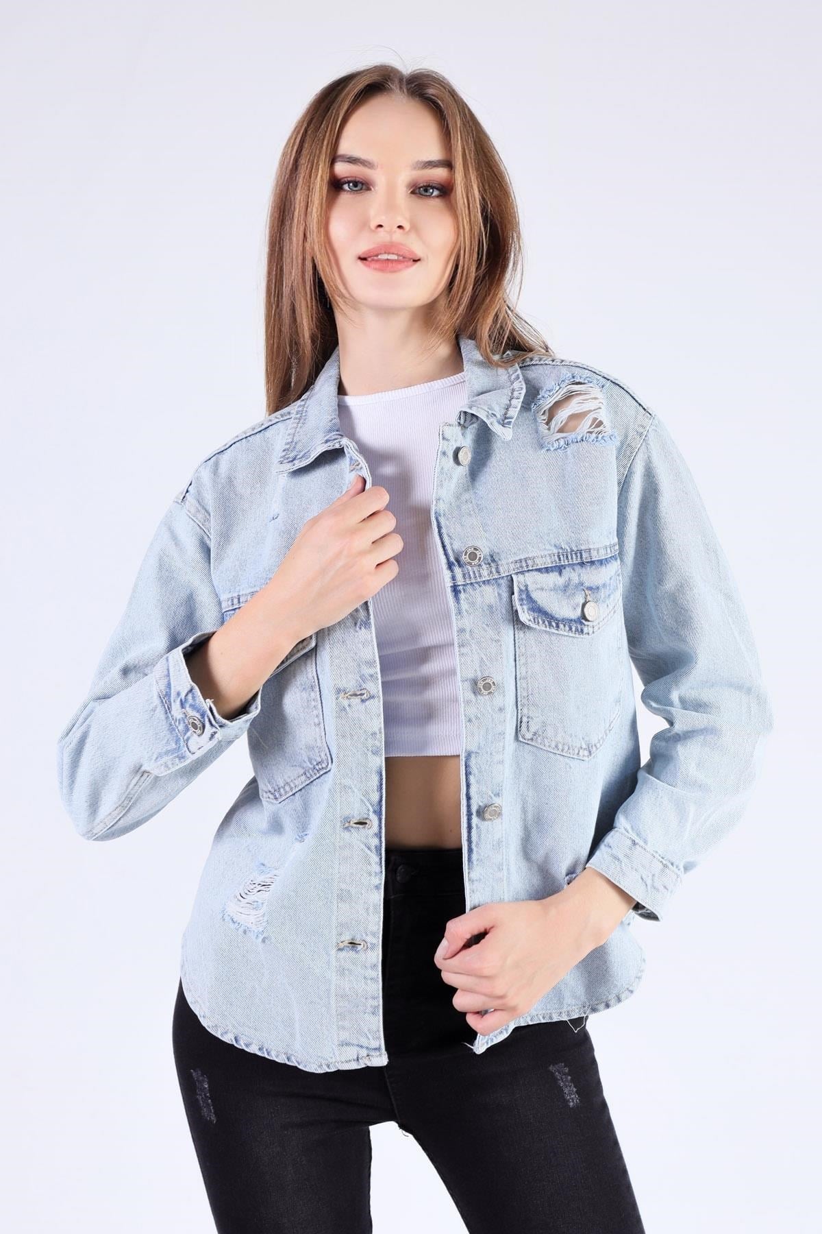 Kar Yıkama Cep Kapak Tırnaklı Jean Ceket 7083