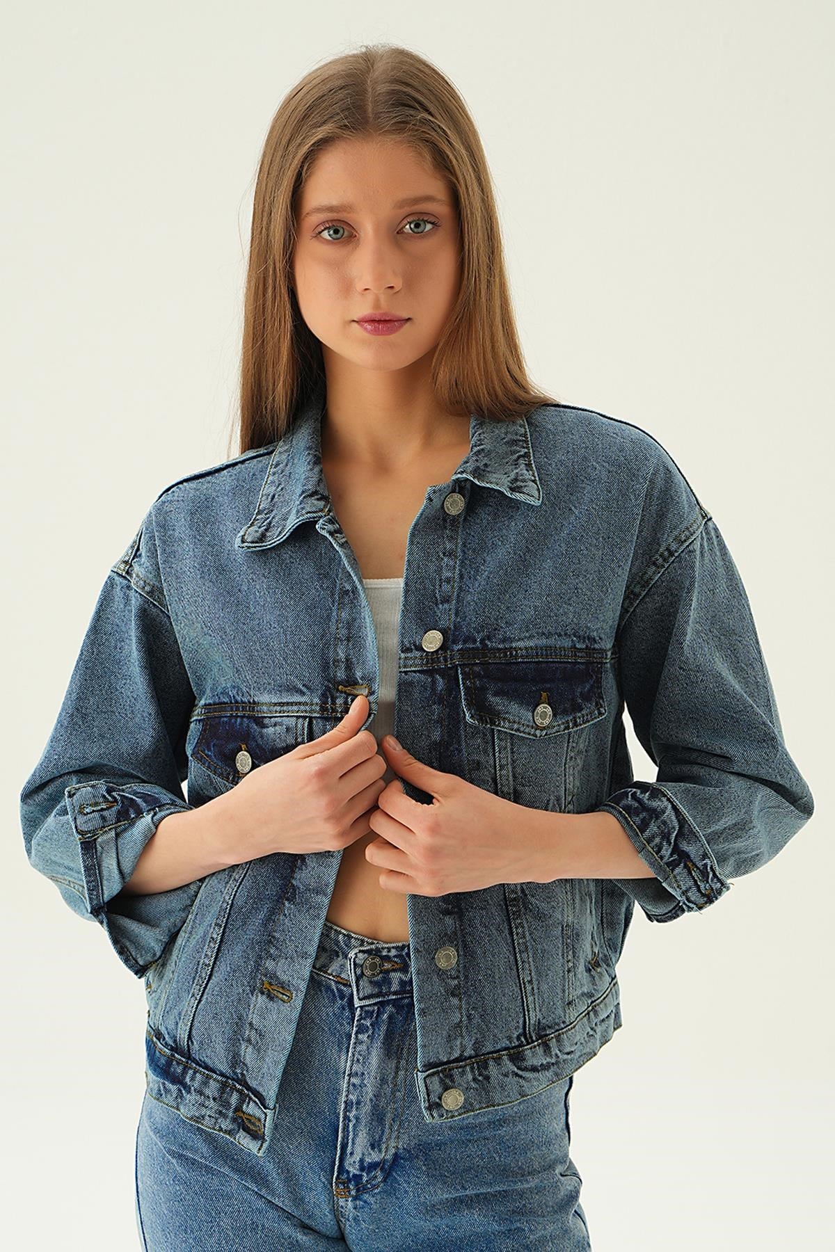 Kar Yıkama Oversize Kot Ceket 7084