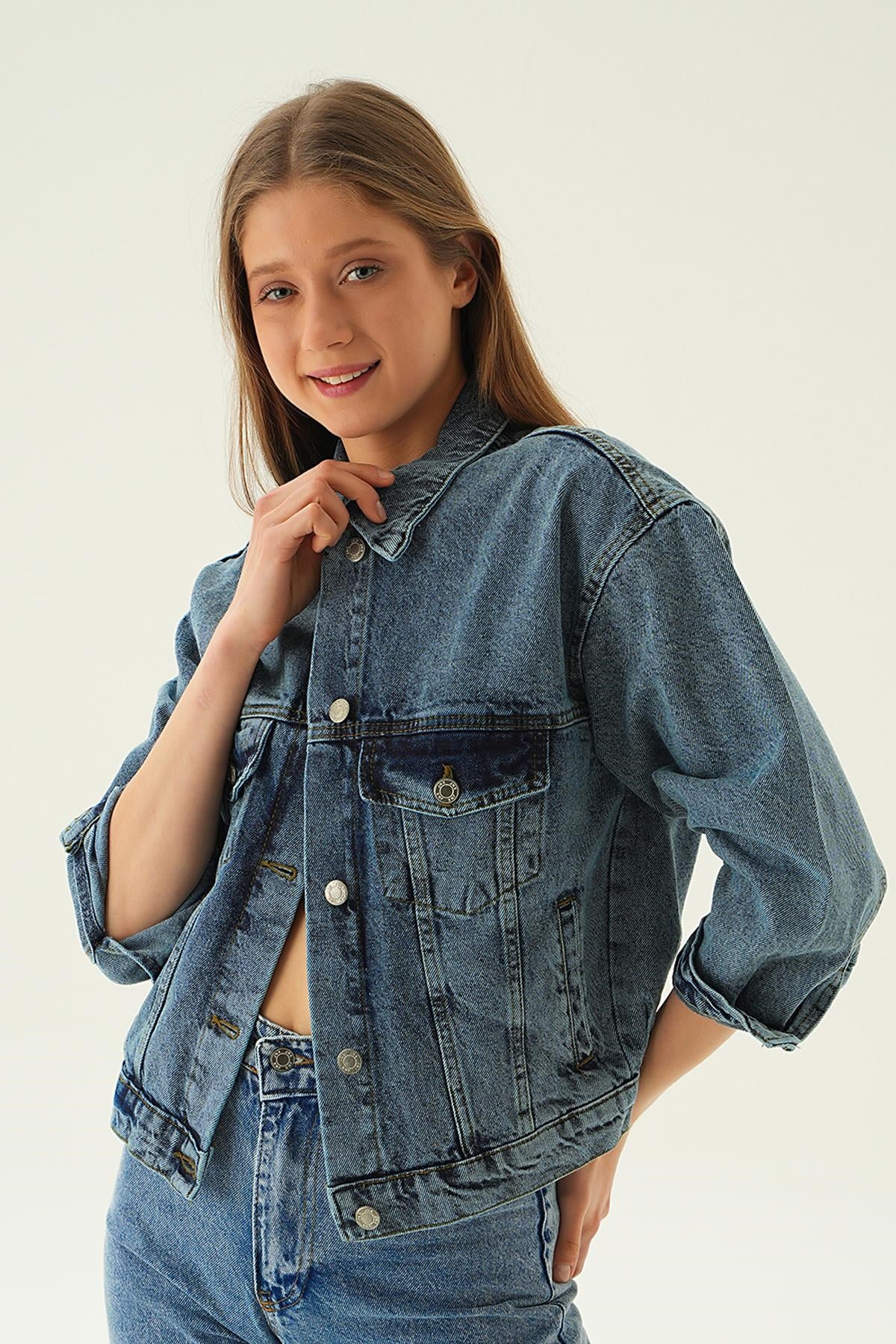 Kar Yıkama Oversize Kot Ceket 7084