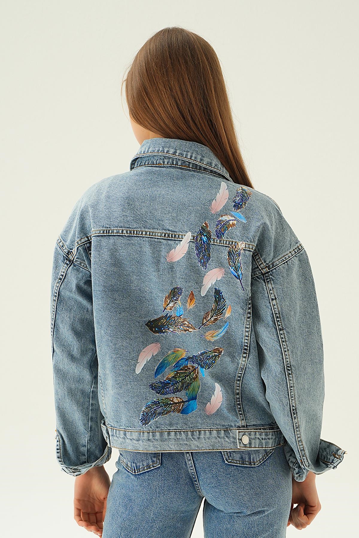 Kar Yıkama Sırt Baskılı Jean Ceket 2301