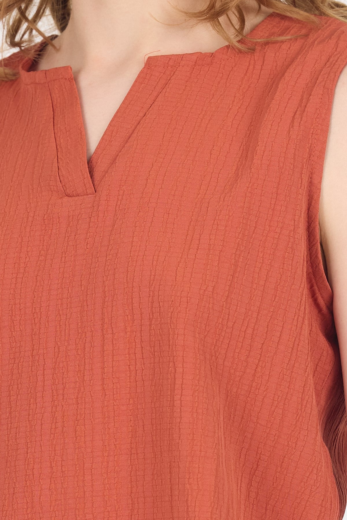 Kiremit V Yaka Kolsuz Crop Bluz 8027