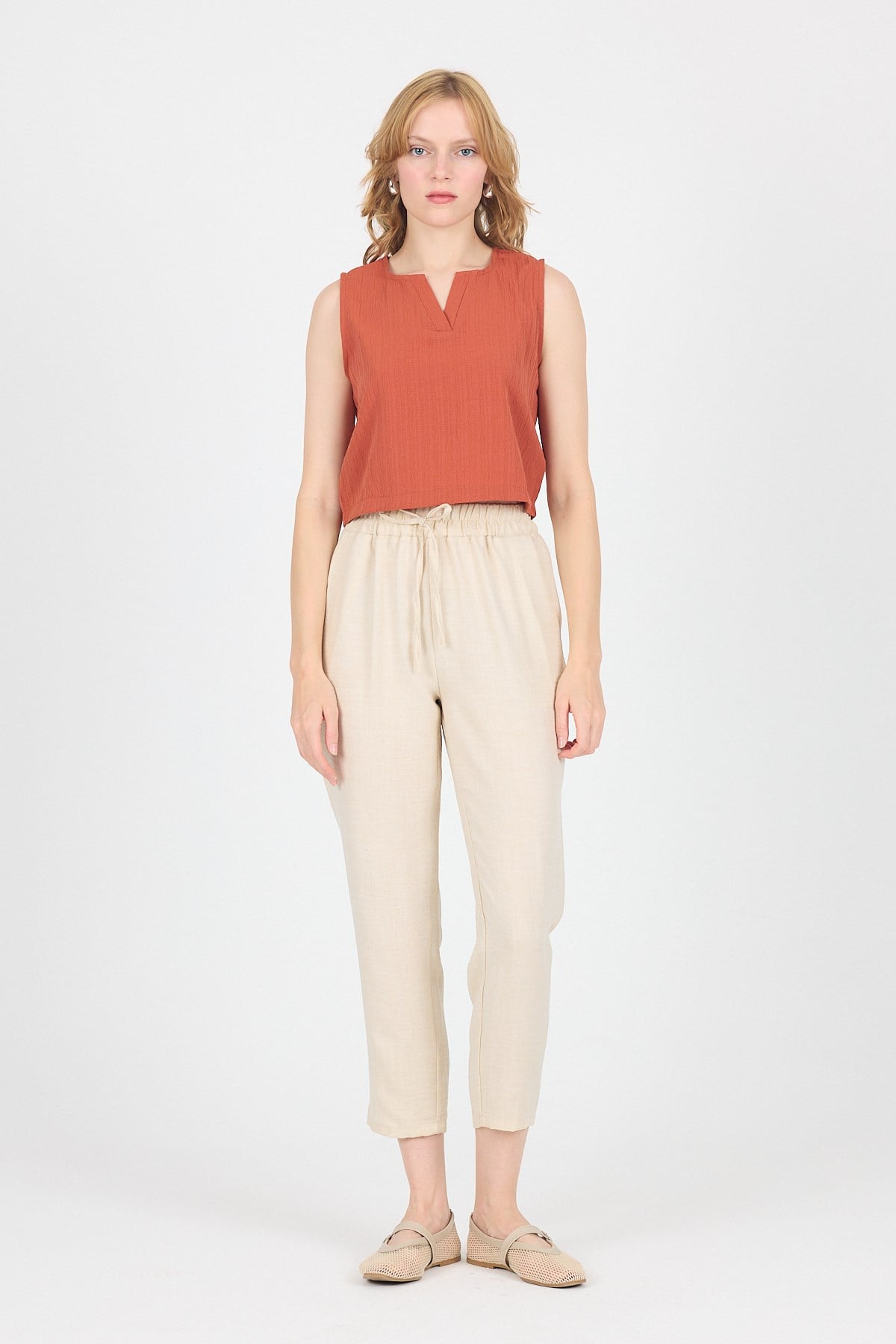 Kiremit V Yaka Kolsuz Crop Bluz 8027