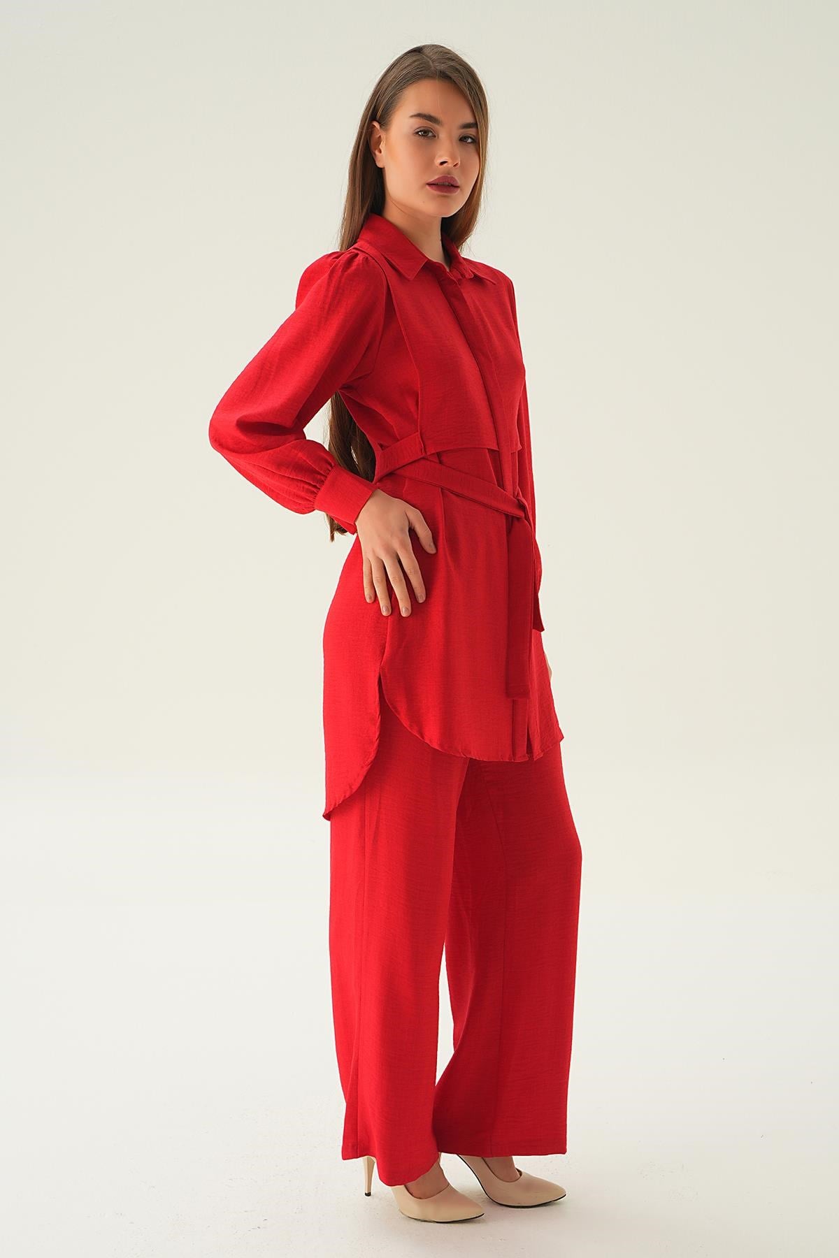 Kırmızı Bağlamalı Tunik Pantolon Takım 6835A