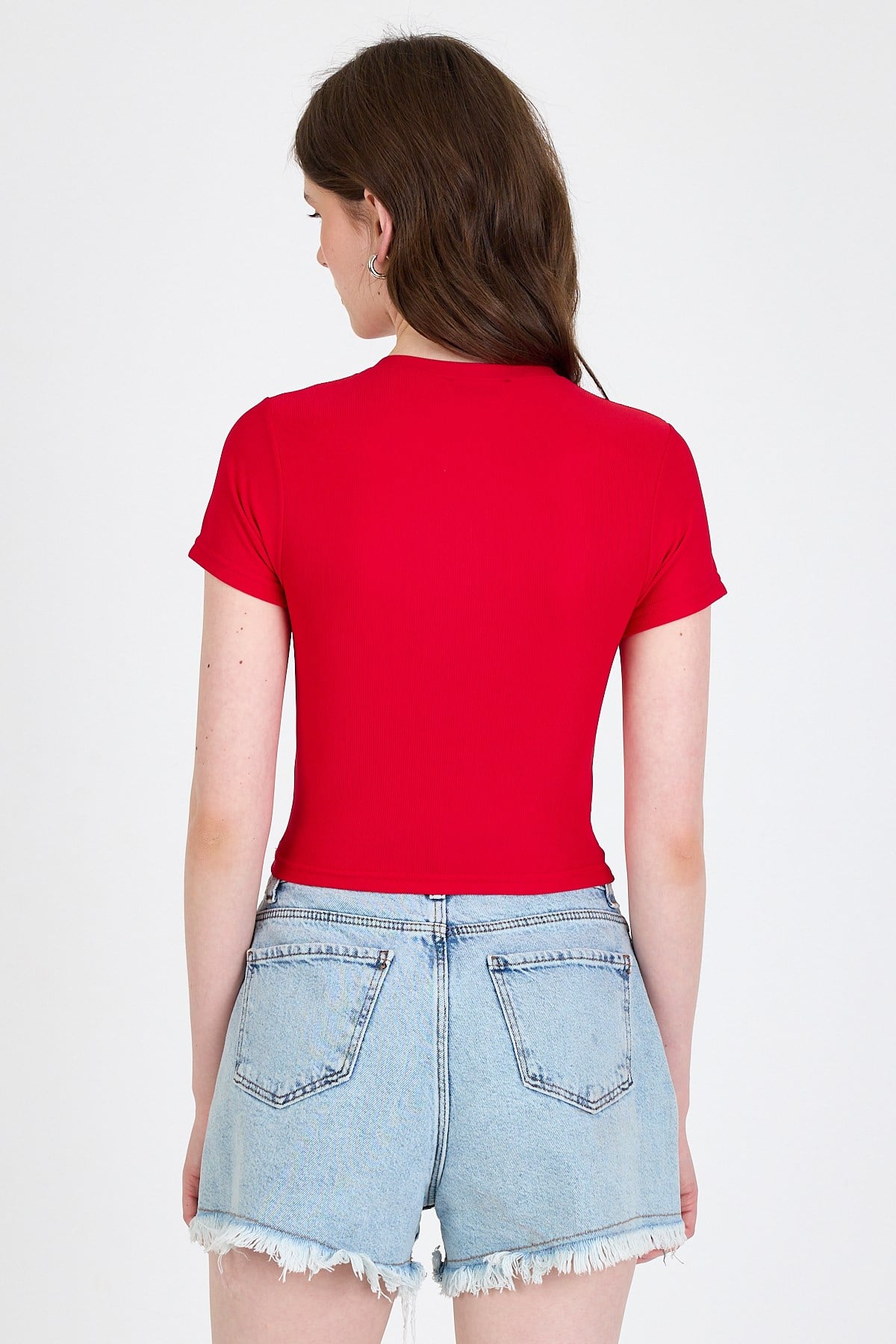 Kırmızı Bisiklet Yaka Taş İşleme Detaylı Slim Fit Crop Tişört 1149