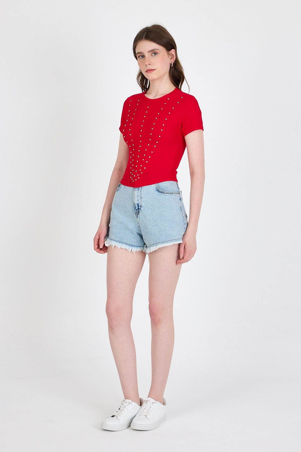 Kırmızı Bisiklet Yaka Taş İşleme Detaylı Slim Fit Crop Tişört 1149