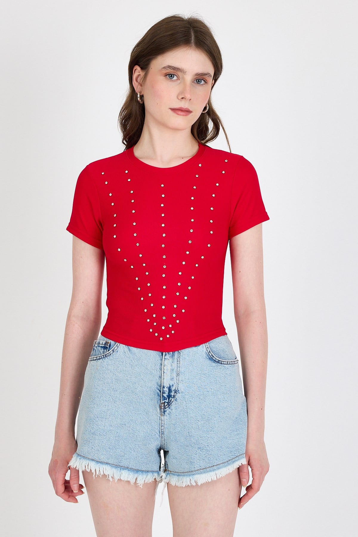 Kırmızı Bisiklet Yaka Taş İşleme Detaylı Slim Fit Crop Tişört 1149