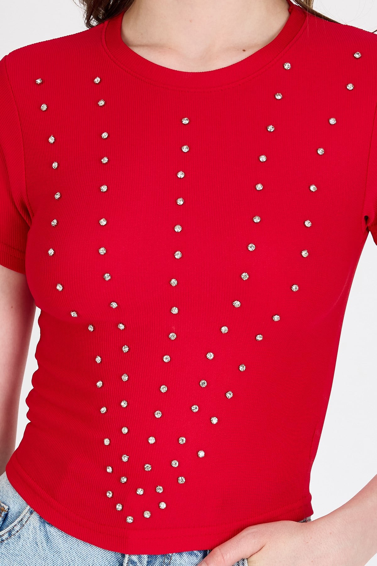 Kırmızı Bisiklet Yaka Taş İşleme Detaylı Slim Fit Crop Tişört 1149