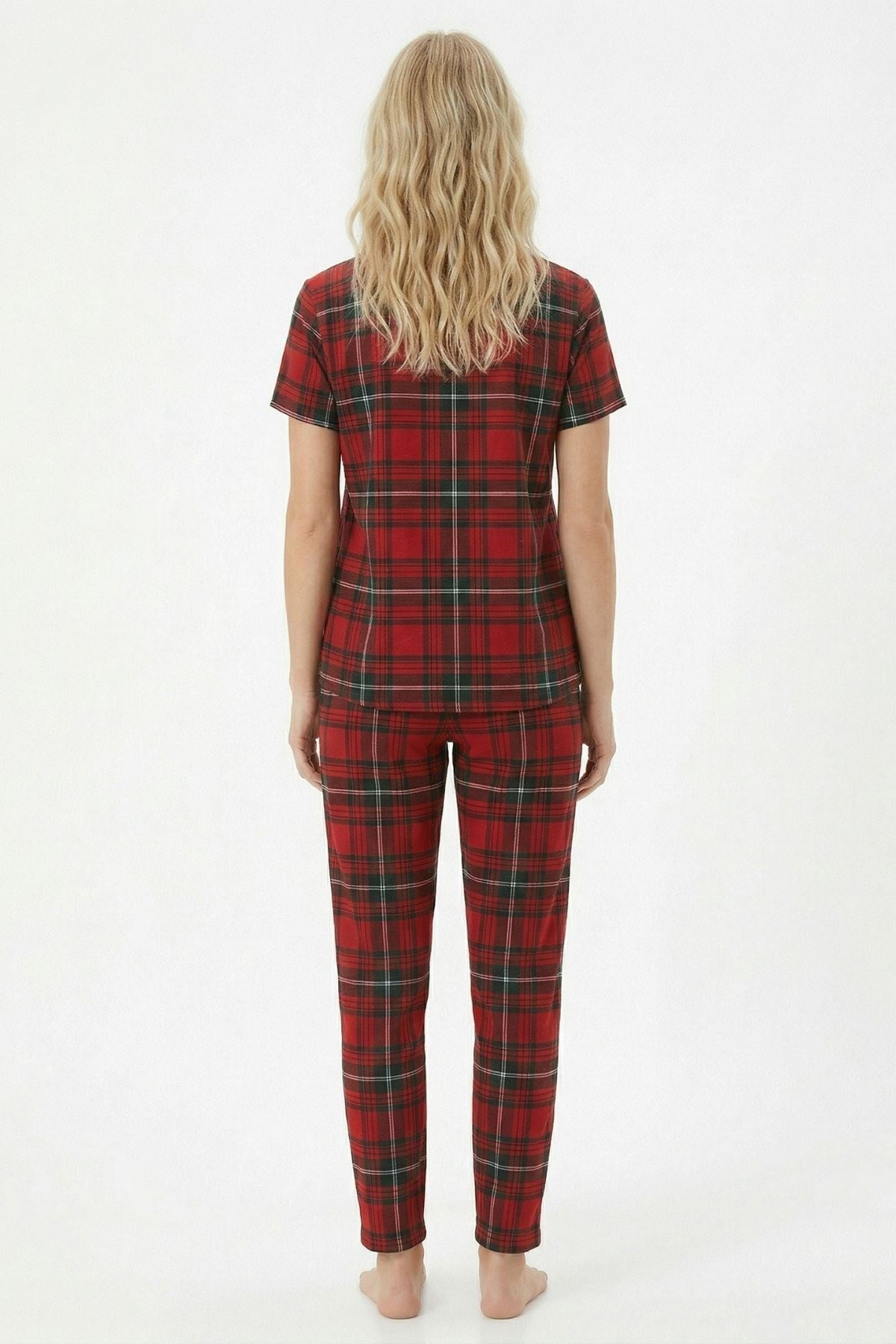 Kırmızı Ecose Desen Kısa Kol Tişört Pijama Takım 0714