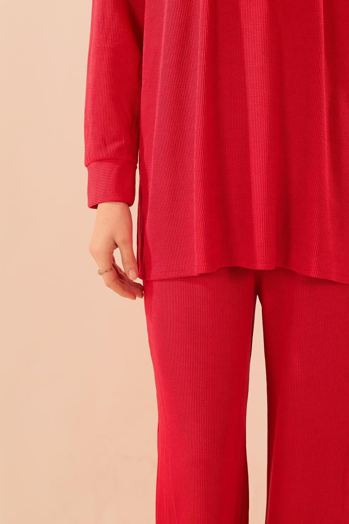 Kırmızı Fermuarlı Tunik Pantolon Takım 5471