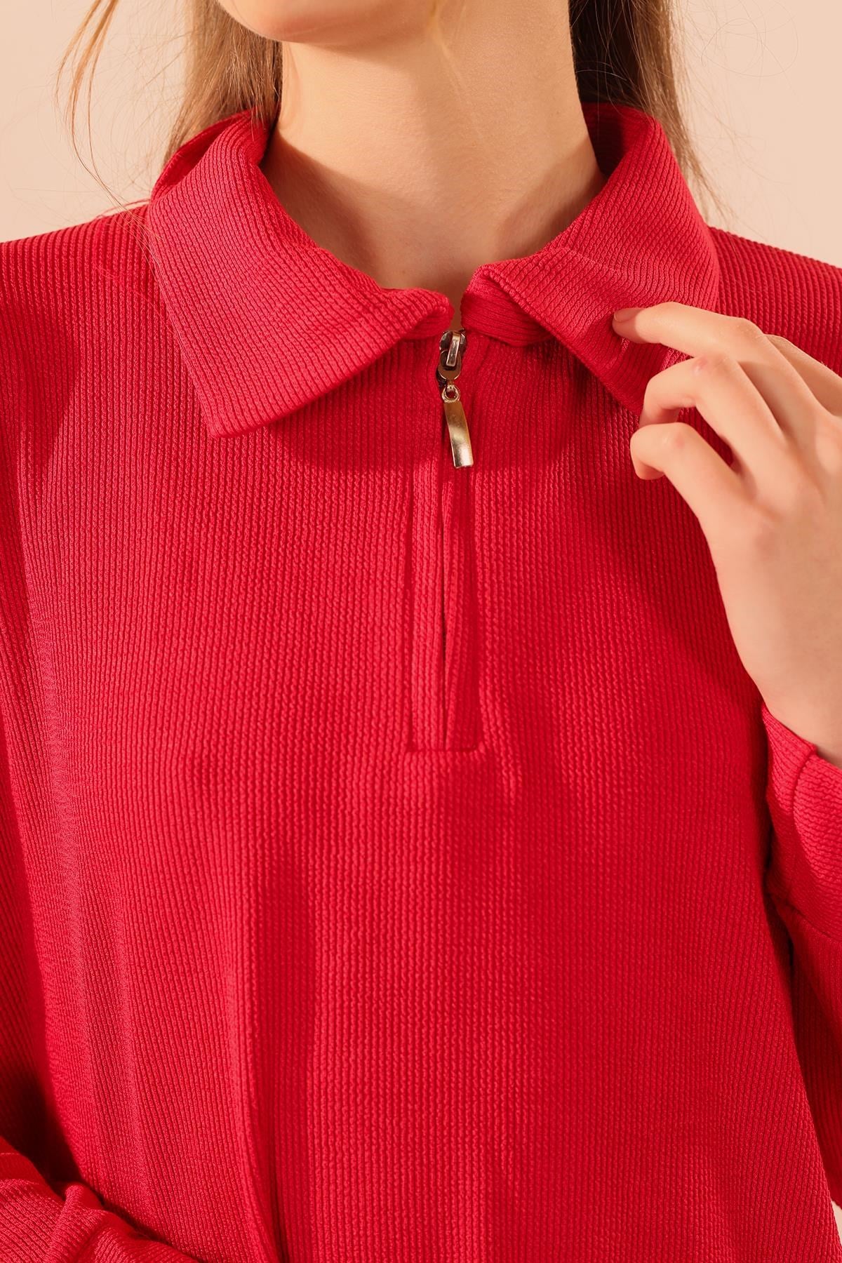 Kırmızı Fermuarlı Tunik Pantolon Takım 5471