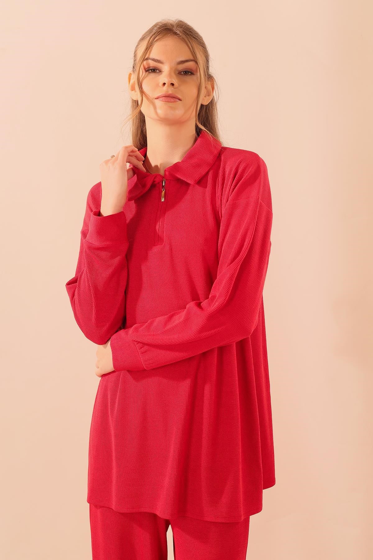 Kırmızı Fermuarlı Tunik Pantolon Takım 5471