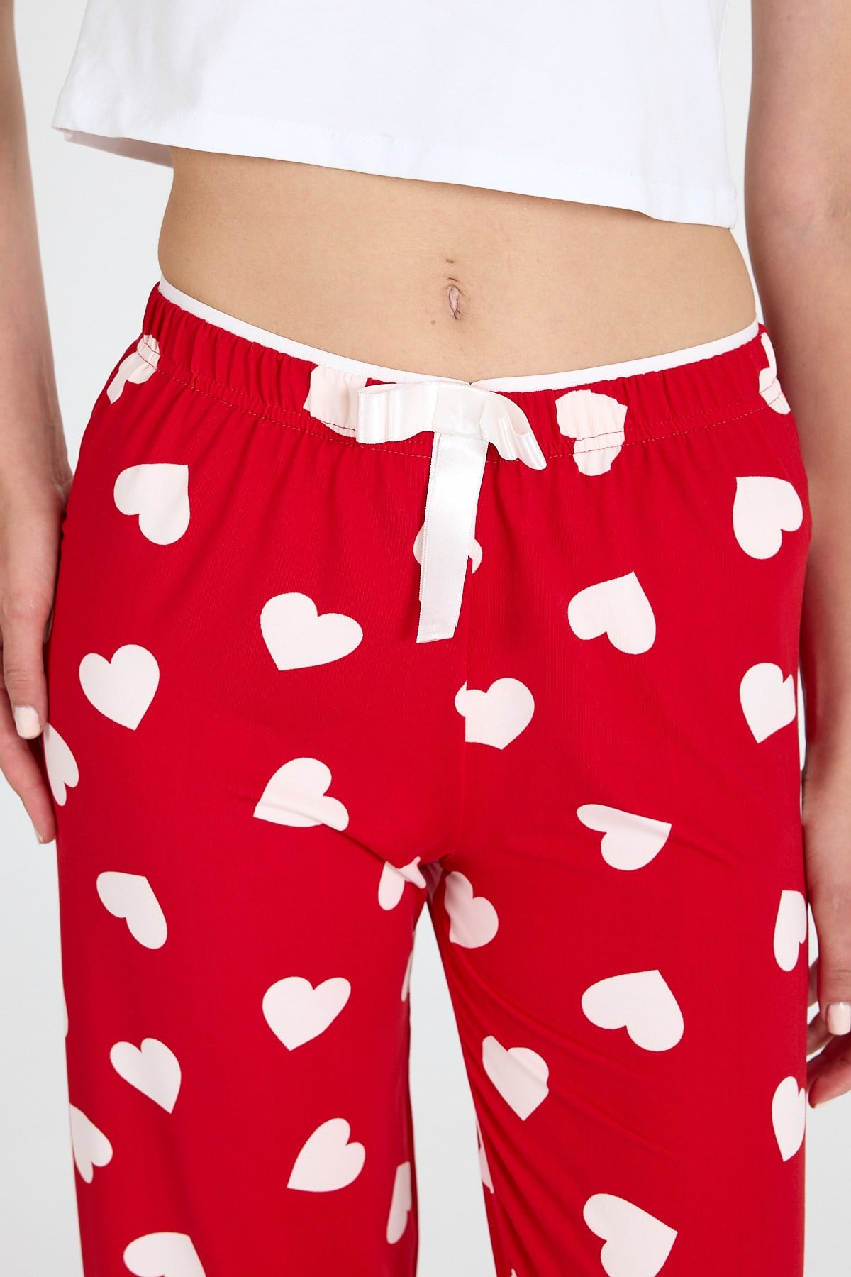Kırmızı Kalp Desenli Örme Pijama Altı 4522