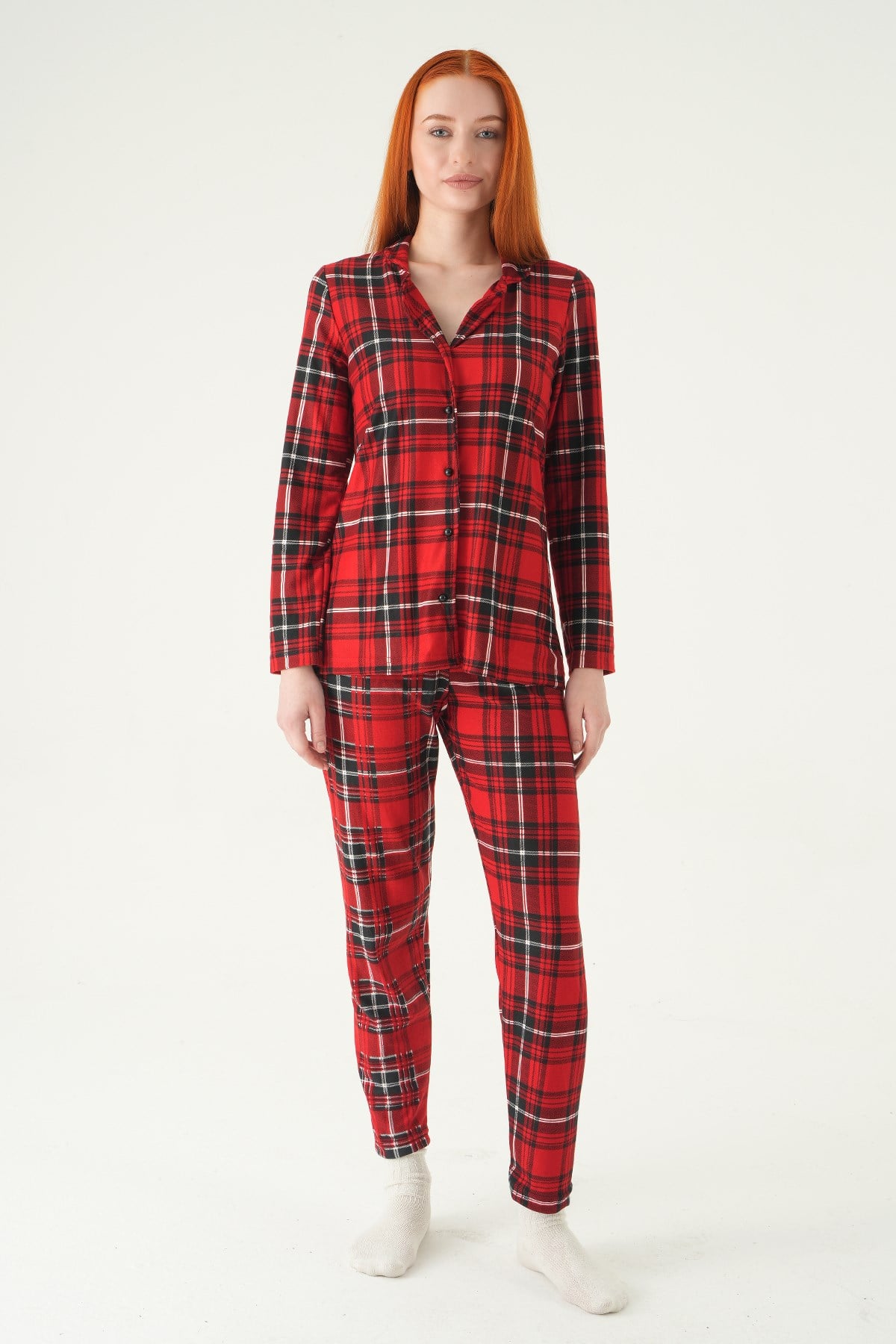 Kırmızı Kare Desen Düğmeli Pijama Takımı 3414