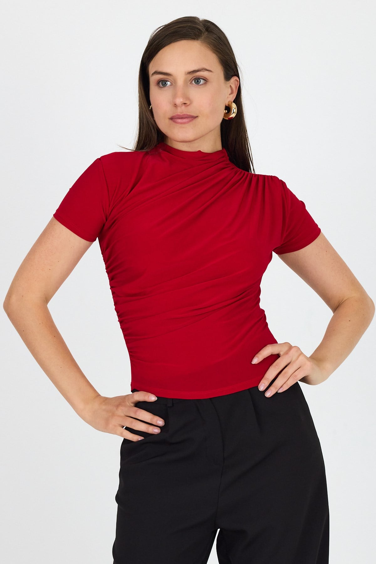 Kırmızı Kısa Kol Büzgülü Sandy Bluz 2417