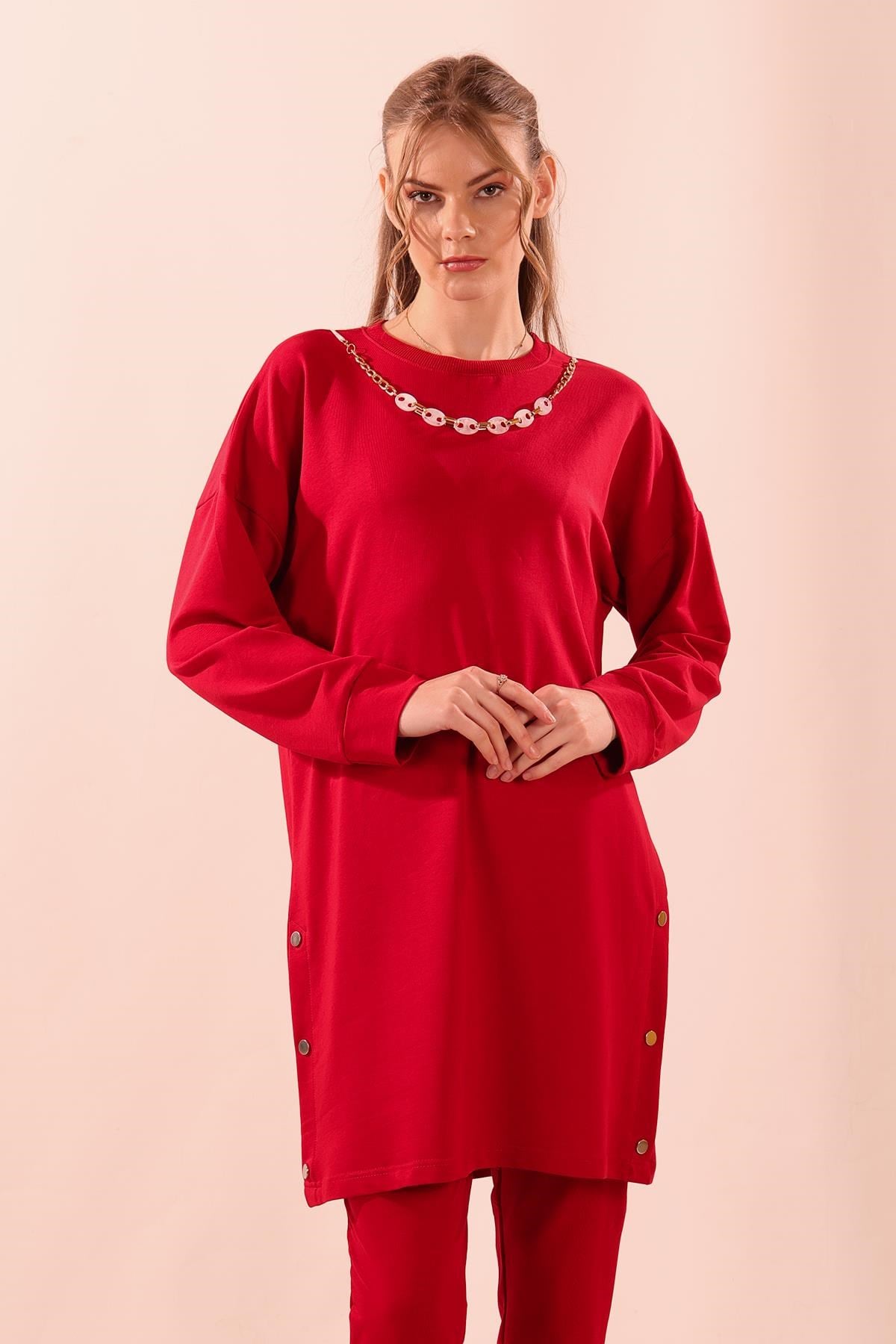 Kırmızı Kolyeli Çıtçıt Detay Sweat Takım 3479