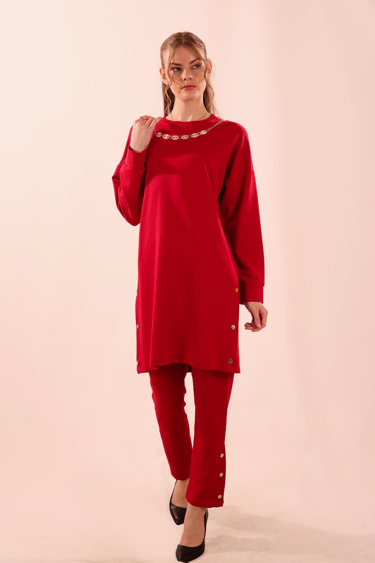 Kırmızı Kolyeli Çıtçıt Detay Sweat Takım 3479