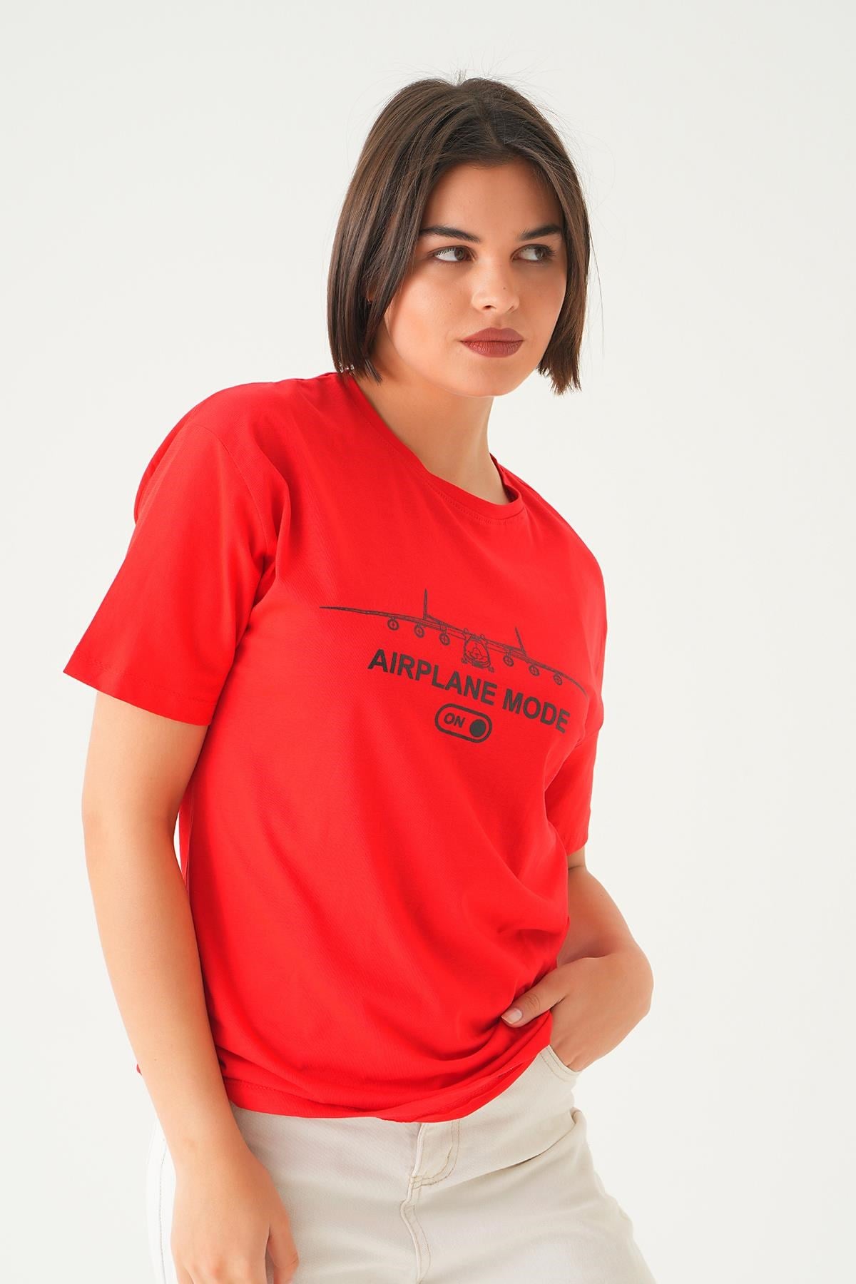 Kırmızı Mode On Baskı Oversize Tişört 1721