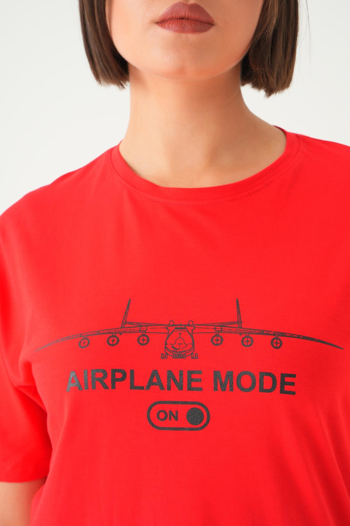 Kırmızı Mode On Baskı Oversize Tişört 1721