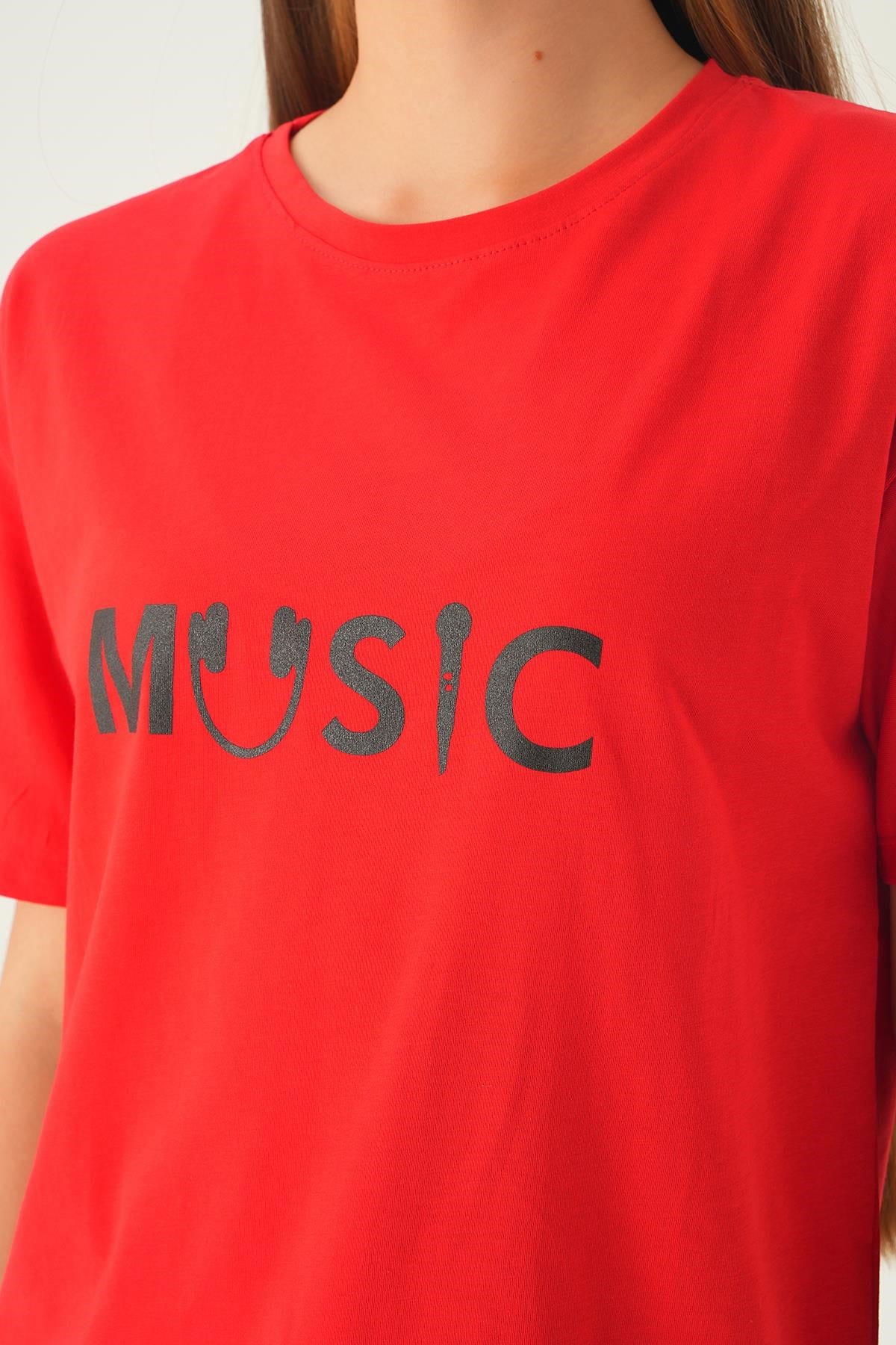 Kırmızı Music Baskı Oversize Tişört 1717