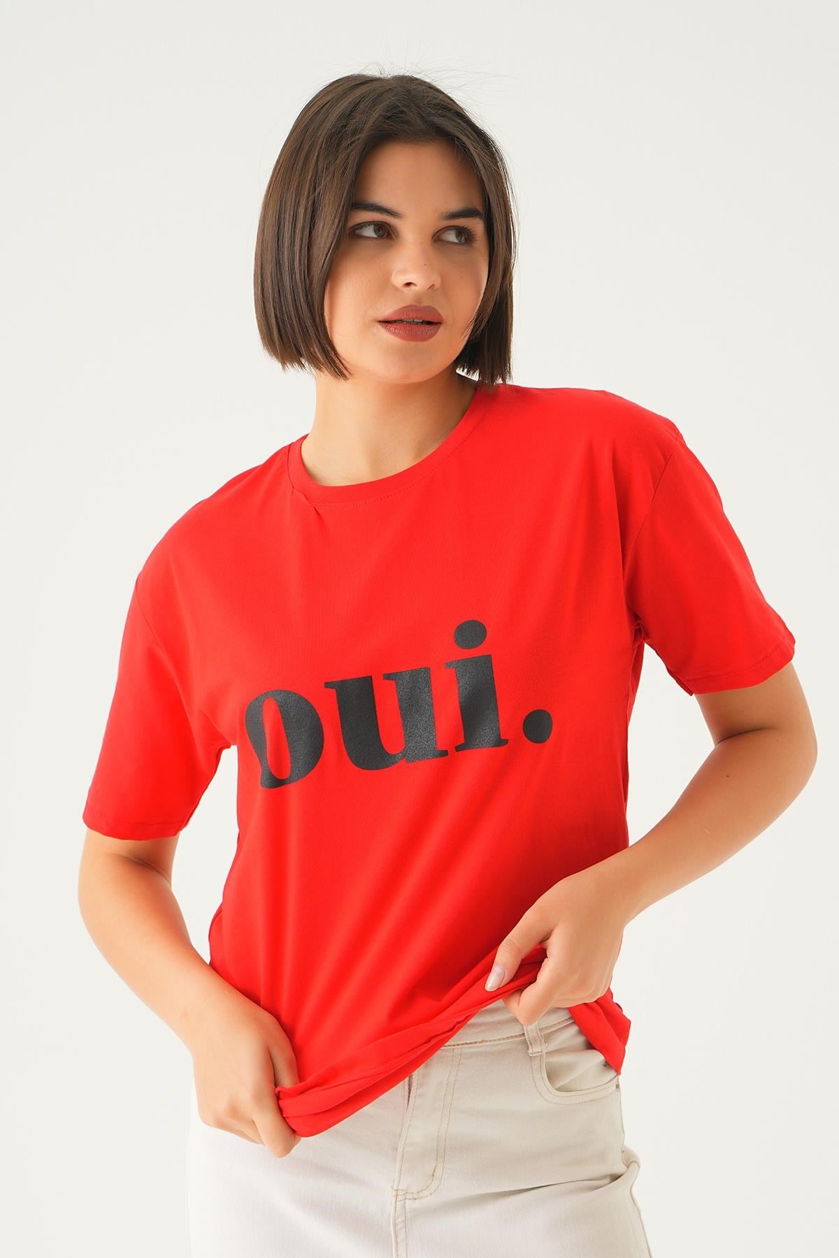 Kırmızı Oui Baskı Oversize Tişört 1714